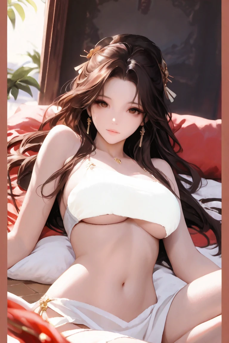 top-quality、​masterpiece、hight resolution、blush, wide eyed,Lower hands，Beautiful breasts,stick out her tongue, (:1.4）,(((Attaching  toys to the lower body))，Spread your  , Cinematic lighting, hyper HD，Front view，Full body photo，