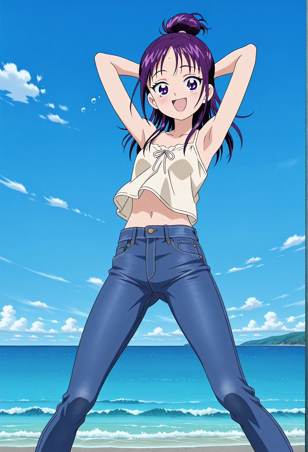 score_9, score_8_up, score_7_up, source_anime, highres, hi res, ((best quality, top quality, perfect quality, Highest Quality, amazing quality)), {{masterpiece}}, {{an extremely delicate and beautiful}}, 2d, intricate details, official style, anime, 8k, anime style, official_anime, official art, digital painting, cell shading, soft shading, high resolution, soothing tones, Subdued Color, Soft cinematic light, adobe lightroom, photolab, HDR, intricately and hyper-detailed, ((high quality animation)), 1 girl, Alone, solo, ((ocean)), tsunami, on the water, day, sunny, outdoors, sky, windy, Mai, purple_eyes, purple hair, long_hair, hair bun, anime screencap, small breasts, light beige camisole top, crop top, light beige crop top, best quality, hyper-detailed jeans, ((purple blue jeans:1.9)), (dark blue jeans:0.6), full medium body, medium shot, Open mouth, smiling, happy face, blush, sweat, standing, ((arms behind head:6.0)), bowlegged, jumping pose, action, looking at viewer, spread legs, Bend knees slightly, straight-on front view