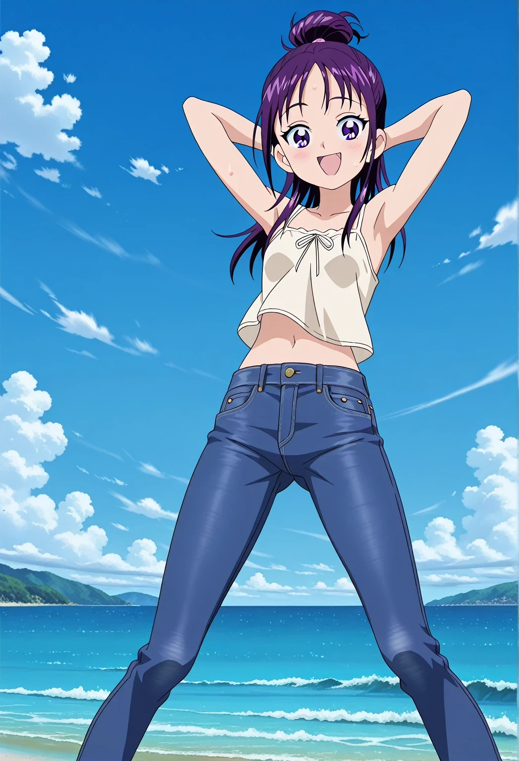 score_9, score_8_up, score_7_up, source_anime, highres, hi res, ((best quality, top quality, perfect quality, Highest Quality, amazing quality)), {{masterpiece}}, {{an extremely delicate and beautiful}}, 2d, intricate details, official style, anime, 8k, anime style, official_anime, official art, digital painting, cell shading, soft shading, high resolution, soothing tones, Subdued Color, Soft cinematic light, adobe lightroom, photolab, HDR, intricately and hyper-detailed, ((high quality animation)), 1 girl, Alone, solo, ((ocean)), tsunami, on the water, day, sunny, outdoors, sky, windy, Mai, purple_eyes, purple hair, long_hair, hair bun, anime screencap, small breasts, light beige camisole top, crop top, light beige crop top, best quality, hyper-detailed jeans, ((purple blue jeans:1.9)), (dark blue jeans:0.6), full medium body, medium shot, Open mouth, smiling, happy face, blush, sweat, standing, ((arms behind head:6.0)), bowlegged, jumping pose, action, looking at viewer, spread legs, Bend knees slightly, straight-on front view
