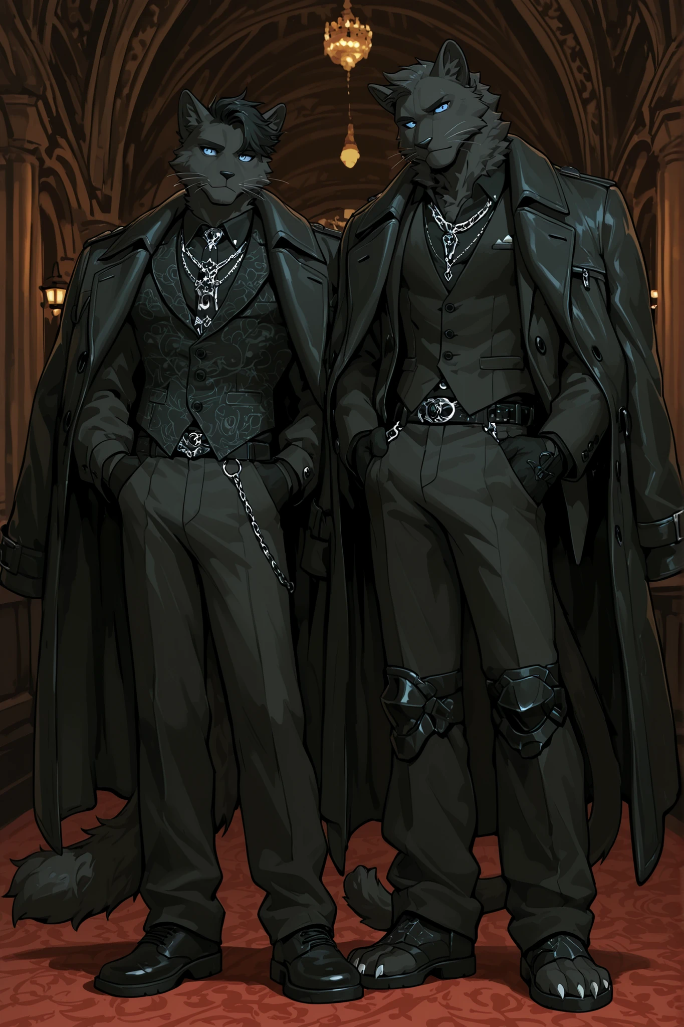  (cool_man_style, cool man, stylish man, handsome man, male cool clothes, cool fashion, intricate clothes, intricate accessories, intricate patterns, cool, stylish,) Male character black furry-cat, a feline beastman. The tall mighty middle aged man broad-shouldered with masculine features. He has black fluffy skin. He has long straight black feline ears, and a long smooth black feline tail. He has long whiskers. He has narrow dark blue eyes. He has short black hair with a Curtain haircut. He is dressed in male three-piece black suit: jacket,vest, black shirt, and men's tie. He has a black corduroy Trench coat over his shoulders. He wearing a black brogues. He wears black gloves on his clawed  feline paws with pads. He has a thin silver chain necklace. (In the background: Night in deserted streets in United Kingdom , England.Tower Bridge.)