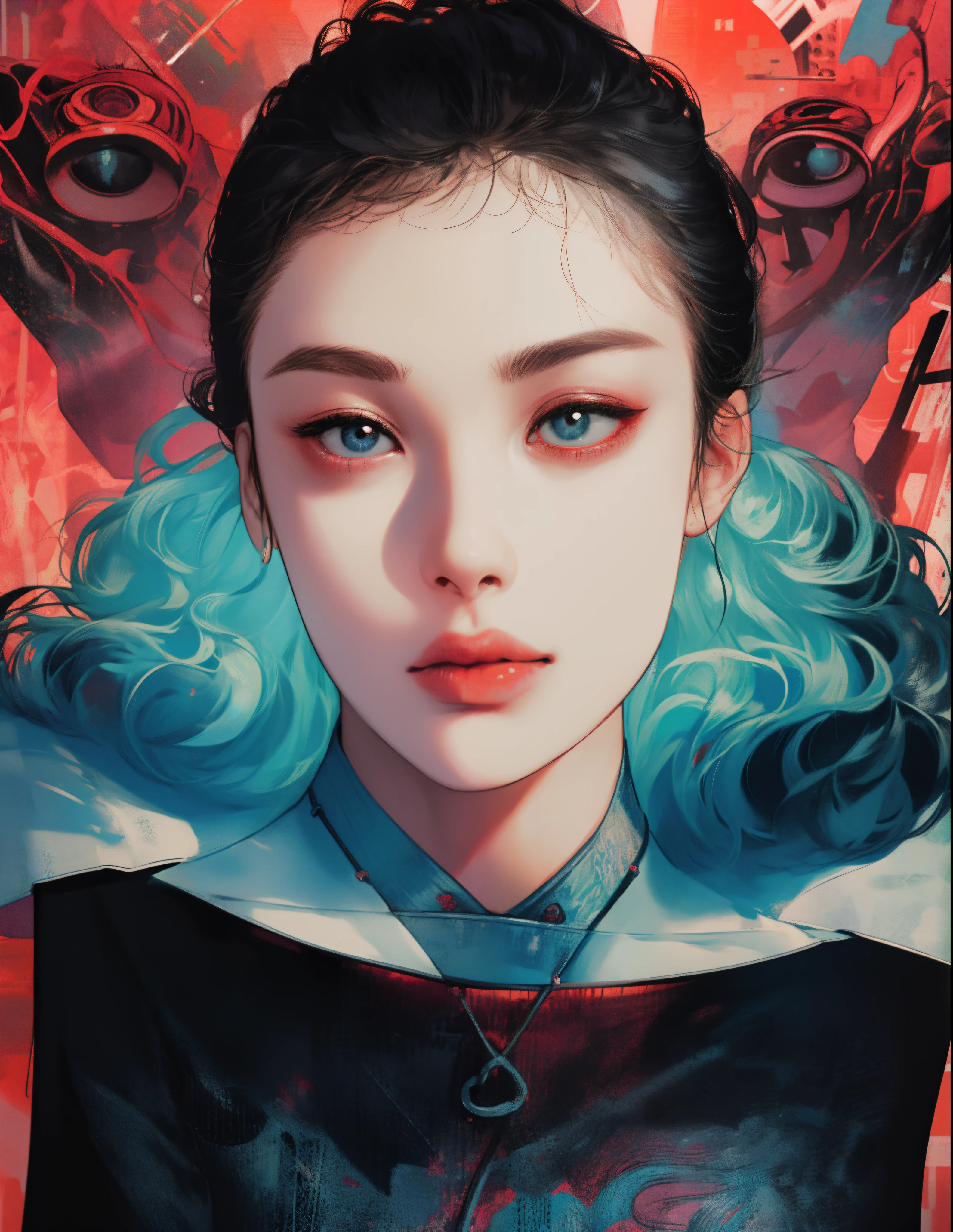 girl, holding a jar with many blue and red pills, several blue and red pills floating, slight smile, red eyes, very pale skin, black hair, green image background, madness and psychedelic image, various factors of madness and scrizophenia, elements of madness of the human mind.