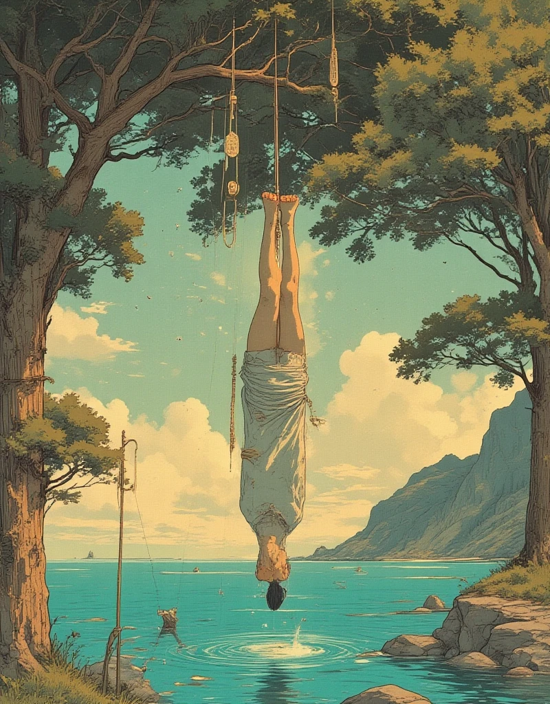 a man overexerts himself by lifting 10 wooden poles that are placed in a V shape, a beautiful landscape with sea and moon (art inspired by Bill Sienkiewicz, intricate details, oil painting)