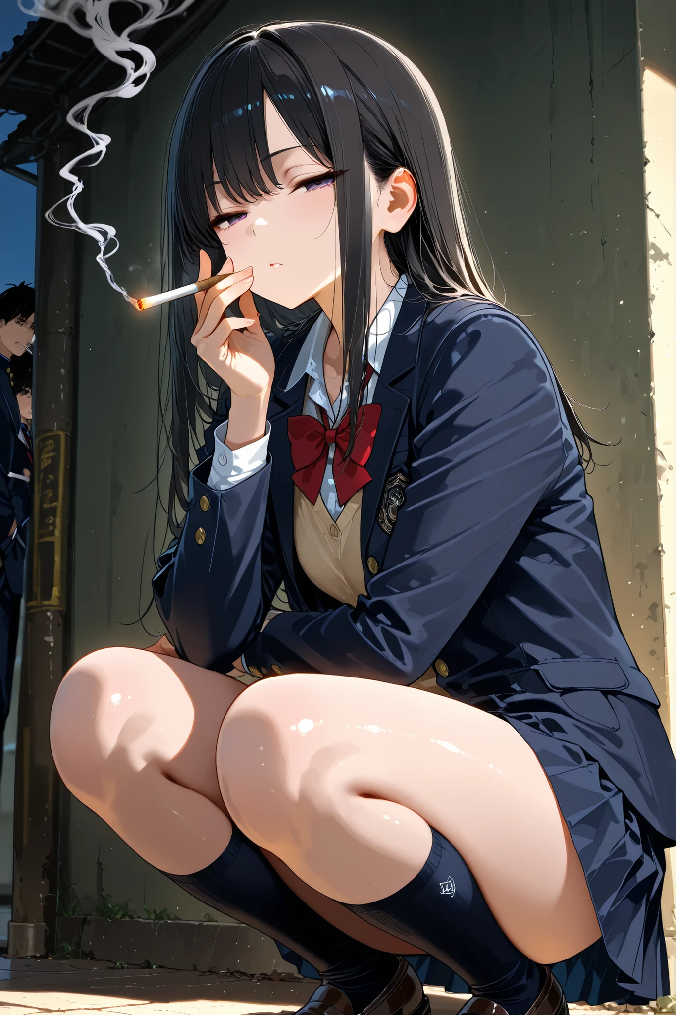 uniform squat posture Half Closed Eyes of coldness black hair Smoking Cigarettes