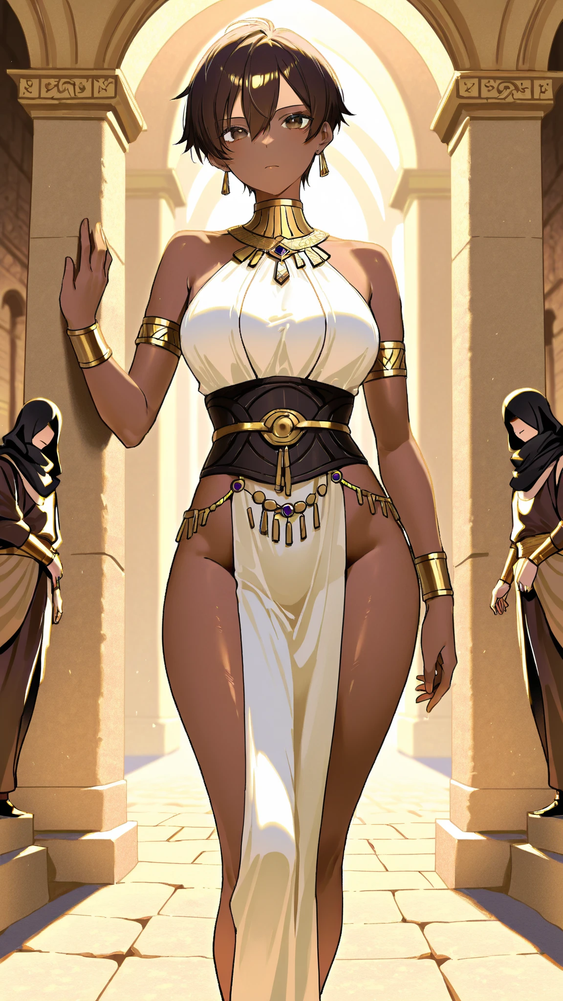 (masterpiece), (best_quality), (ultra-detailed), (illustration), (welcoming), 2girls, (egyptian apple pilot weaponsmith:1.3), (in a wistful, cheerful fancy hallway:1.3), full body, red lipstick, , pose, [:sexy costume design:0.2], glasses, medium breasts, narrow waist, tall, athletic slim toned hourglass figure,, (leotard:1.2), (dark skin:1.3), official art, vivid color, finely detailed, hyper detailed, 8k, high resolution illustration, absurdres, intricate detail<lora:EnvyThiccMix01:1.4>