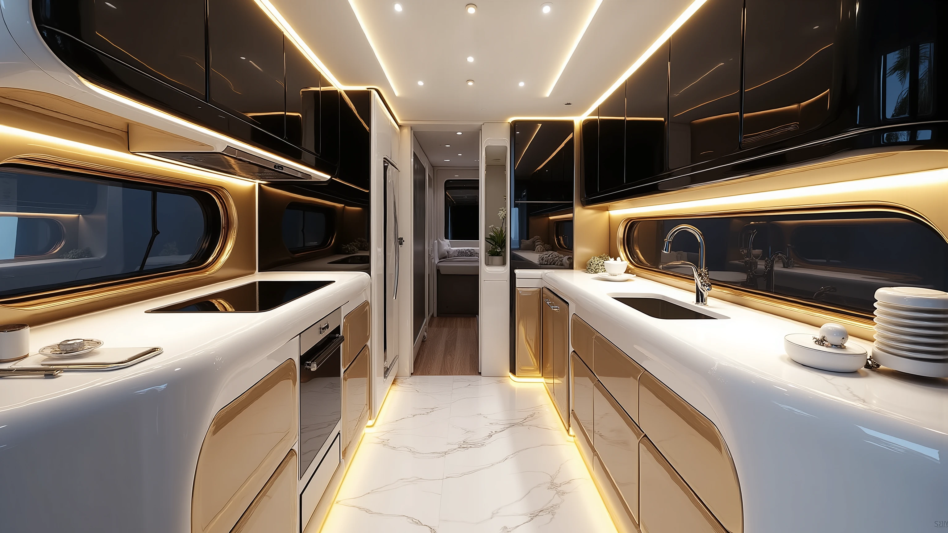 DE_style,The kitchen of the Cadillac motorhome is a compact yet highly refined space, designed with the same futuristic elegance that defines the vehicle’s exterior. Glossy white counters trimmed in polished gold stretch neatly along one side, their sharp angular edges mirroring Cadillac’s geometric design language. Integrated seamlessly into the counters are sleek, built-in appliances—a compact induction cooktop, a flush-mounted oven, and a small refrigerator—all finished in glossy black with golden accents.

Above the counters, matte black panel cabinets with gold-edged handles provide streamlined storage. Their surfaces are clean and reflective, contributing to the room’s upscale feel while maintaining the compact footprint. Warm LED strips installed beneath the cabinets cast a soft golden glow onto the counters, enhancing the luxurious yet efficient working environment.

Opposite the counters sits a small bar-style dining area, complete with two modern gold-trimmed stools upholstered in white leather. The flooring continues Cadillac’s premium theme with marble-like glossy white surfaces subtly veined in gold, adding both brightness and elegance. A tinted compact window reveals the muted reflections of showroom walls outside, reminding viewers that this luxurious kitchen belongs inside a motorhome on display.

Despite its space-efficient layout, the kitchen radiates a premium Cadillac identity—a fusion of functionality, futuristic design, and luxury detailing, turning even a small cooking space into a showpiece of innovation and elegance.