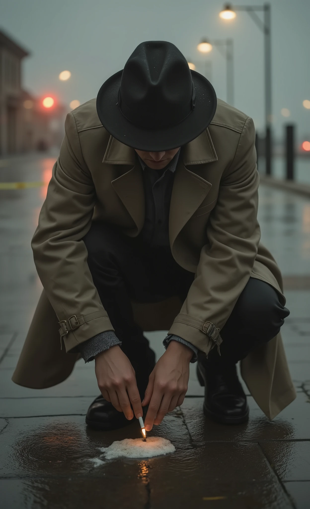 masterpiece, high resolution, best quality, ultra-detailed, 8k resolution, enigmatic detective in rumpled trench coat examining crime scene in foggy waterfront district, coat hem dragging through puddles as he crouches to inspect clue, rain dripping from brim of hat obscuring eyes, police lights reflecting in distance across wet pavement, dock pilings emerging from mist creating ominous vertical elements, dramatic lighting:1.3, rim light:1.5, red rim light:1.8, low key lighting:1.4, distant police lights creating subtle red rim light along silhouette, predominantly low-key lighting with face in shadow while hands examining evidence catch highlight, cigarette ember creating momentary warm glow illuminating determined jaw, high detail, sharp focus, ultra-detailed, photorealistic texture of worn trench coat with frayed cuffs suggesting years of similar scenes, police tape fluttering in gentle harbor breeze