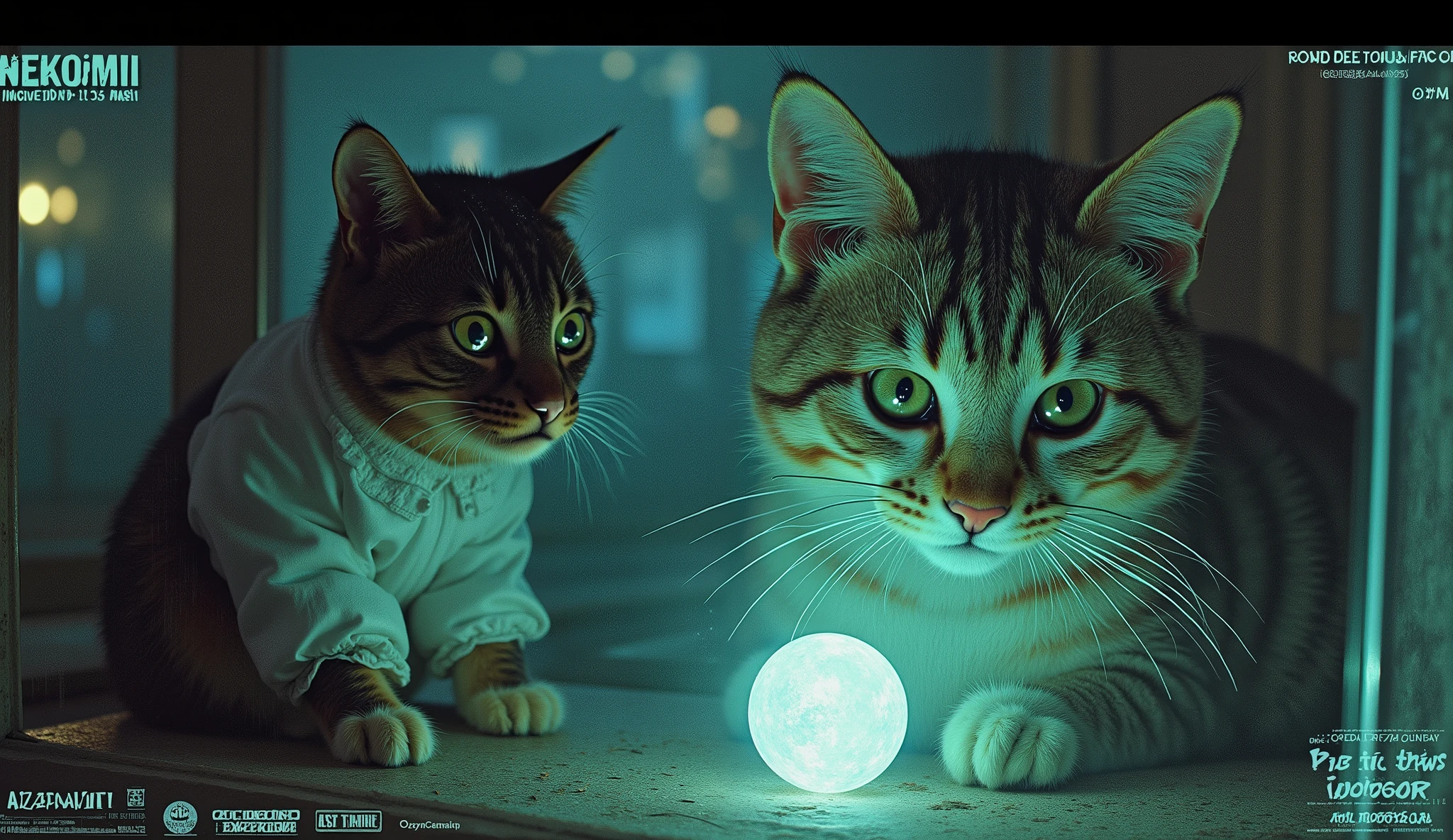 "Parody of a horror poster of found footage, Titled 'NEKOMIMI INCIDENT:  file  #13'. A serious-looking feline scientist in a hazmat suit and oversized cat ears inspects a glowing alien furball inside a sealed chamber.  behind glass , a, Multi-tailed cat entity observes. The poster has false classified stamps, VHS glitch effect, and a dramatic slogan such as 'The Truth Has Mustaches'."
