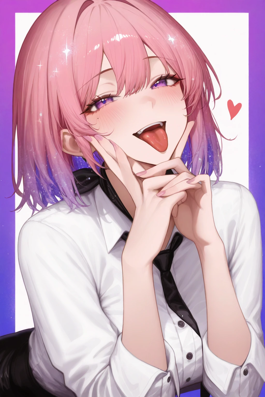 smile、Ultra-detailed illustrations、Ultra-precise expression、masterpiece、Highest quality、ultra High resolution、High resolution、Hiromitsu Takeda Style、White background、Simple Background、Mash Kyrielight、light purple hair,short hair,hair over one eyes、Black sleeveless dress, White collar、Red tie、Black Pantyhose、Purple eyes、smile、Open your mouth、Choker of Hearts、White Breath、Sweat、Glowing Skin、excited、shiny skin、Side angle、penis、、semen、Handjob、ahegao、