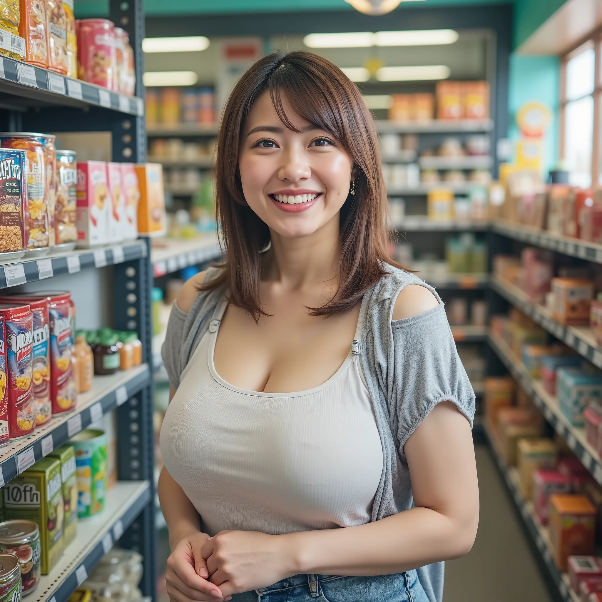 『one Japanese girl:1 . 3』『Real pictures:1 . 3』Highest Quality:1 . 2、((Wife's Big Breasts))、teeth、((young woman with her hands crotched))、((with red cheeks))『笑顔でteeth:1 . 9』、(((Anatomically Correct、 Complete Anatomy、 Anatomically Correct指)))、 real 、 Highest Quality 、 Ultra High Definition 、 RAW pictures 、 (Curvy Body)、 bright interior of a convenience store、40year-old woman is looking at the products on the shelf 。 Colors on the shelves々There are various types 。 Lots of products lined up、The store is clean and tidy 。casual and relaxed clothes 。 depicts everyday shopping at convenience stores 。