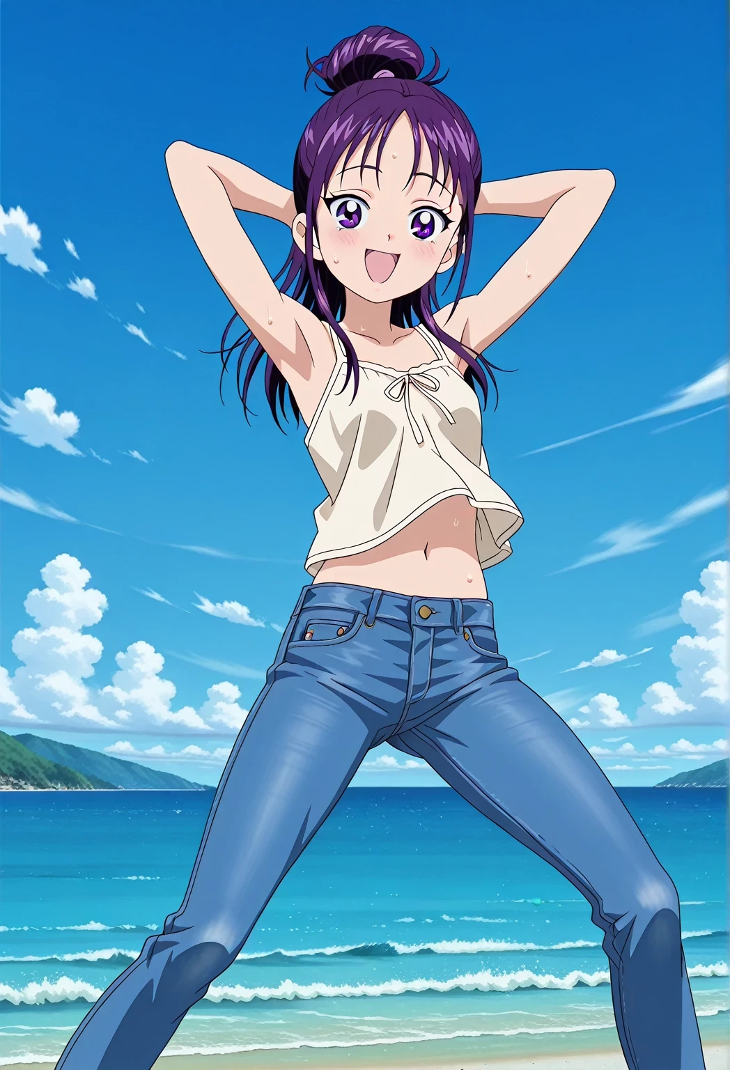 score_9, score_8_up, score_7_up, source_anime, highres, hi res, ((best quality, top quality, perfect quality, Highest Quality, amazing quality)), {{masterpiece}}, {{an extremely delicate and beautiful}}, 2d, intricate details, official style, anime, 8k, anime style, official_anime, official art, digital painting, cell shading, soft shading, high resolution, soothing tones, Subdued Color, Soft cinematic light, adobe lightroom, photolab, HDR, intricately and hyper-detailed, ((high quality animation)), 1 girl, Alone, solo, ((ocean)), tsunami, on the water, day, sunny, outdoors, sky, windy, Mai, purple_eyes, purple hair, long_hair, hair bun, anime screencap, small breasts, light beige camisole top, crop top, light beige crop top, best quality, hyper-detailed jeans, ((purple blue jeans:1.9)), (dark blue jeans:0.6), full medium body, medium shot, Open mouth, smiling, happy face, blush, sweat, standing, ((arms behind head:6.0)), bowlegged, jumping pose, action, looking at viewer, spread legs, Bend knees slightly, straight-on front view
