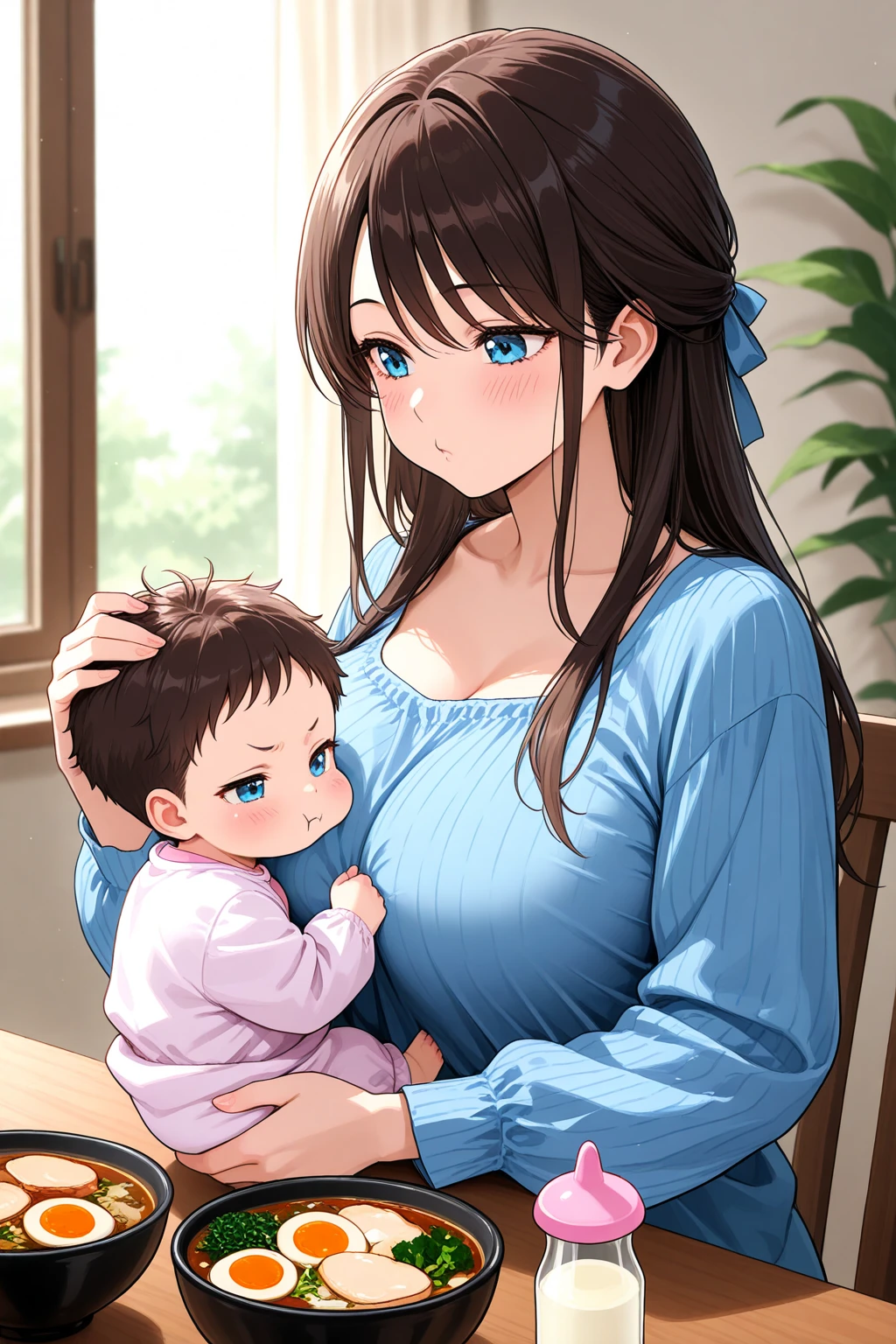 One , 1,30 tall, Short light brown hair, blue baby dress, , greeneyes 