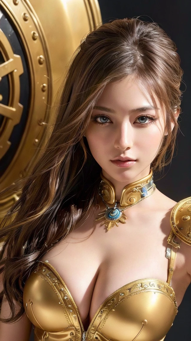 best quality, masterpiece, (realistic:1.2), 1 girl, brown hair, brown eyes, Front, detailed face, beautiful eyes, wear golden suit, best quality, masterpiece, (realistic:1.2), 1 girl, detailed face, beautiful eyes, [(Transparent background:1.5)::5], (((masterpiece))), (((best quality))),(((extremely detailed))), illustration, 1girl, solo, mysterious, multi-color eyes, detailed eyes, hyper detailed, light smile, highly detailed, beautiful, small details, ultra detailed, best quality, intricate, 4k, 8k, trending on art station, good ???????, beautiful lighting,