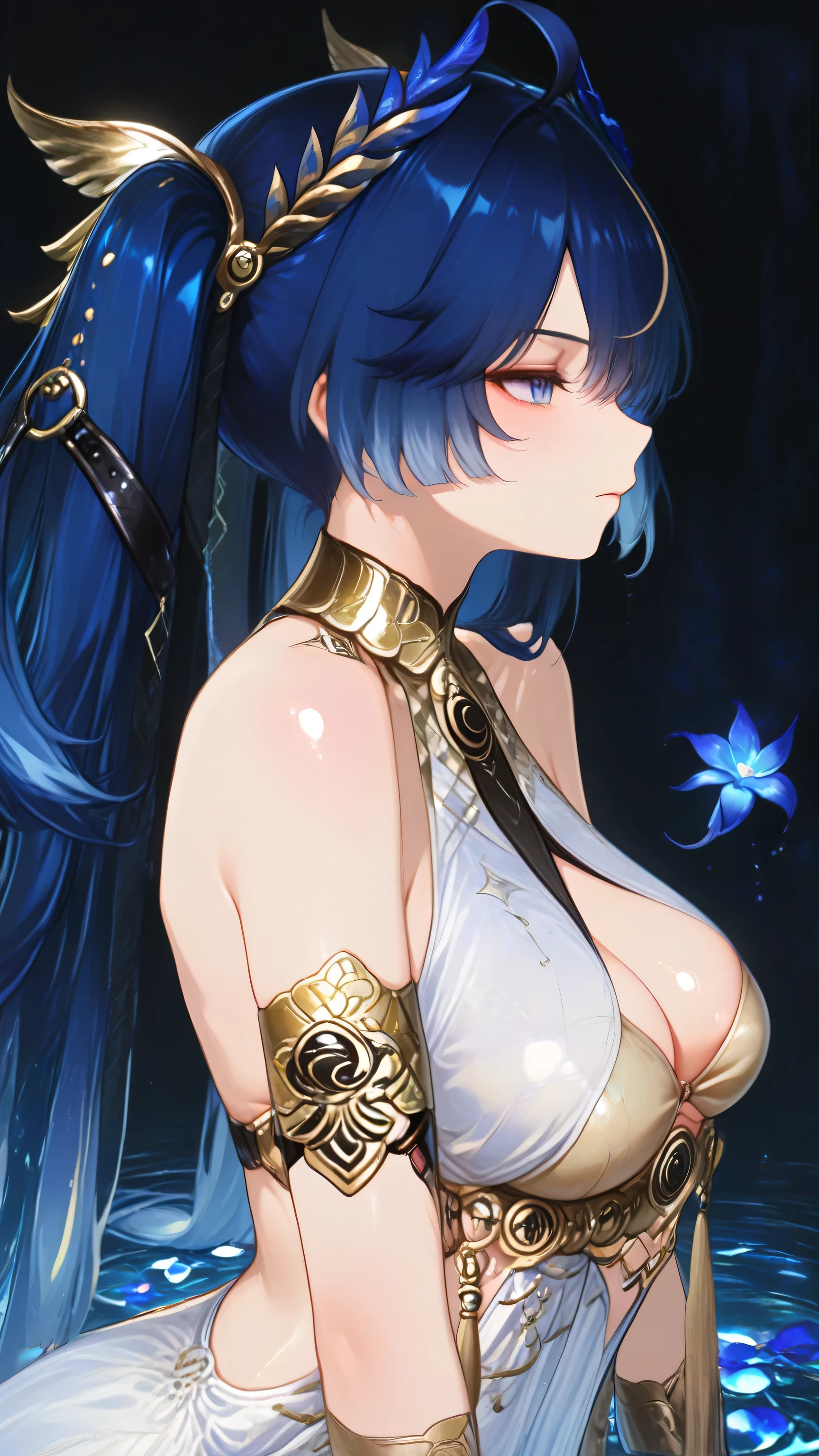 Masterpiece, best quality, amazing quality, anatomically correct, 1girl, solo, (((Iuno from wuthering waves))), blue eyes,dark blue hair, twintails, long hair, beautiful face, solo, dark, profile, ahoge, head wreath, hair belt, hair ornament, 1girl, solo, white dress, bare shoulders, ahoge, gold hair ornaments, gold bracelets, golden armlets, cleavage cutout, golden bandeau, Ink Style, best quality, soft lines, clear details, shiny skin, close-up, masterpiece, best quality, good quality, blue flower, masterpiece, best quality, newest, absurdres, Delicate bubbles and ripples surround them. The composition is artistic and symbolic, evoking fragility and fleeting beauty. Soft reflections of light, surreal and emotional atmosphere, highly detailed, very aesthetic, very awa, absurdres, newest, absolutely eye-catching,extremely detailed, BREAK 1girl, looking at viewer, profile,