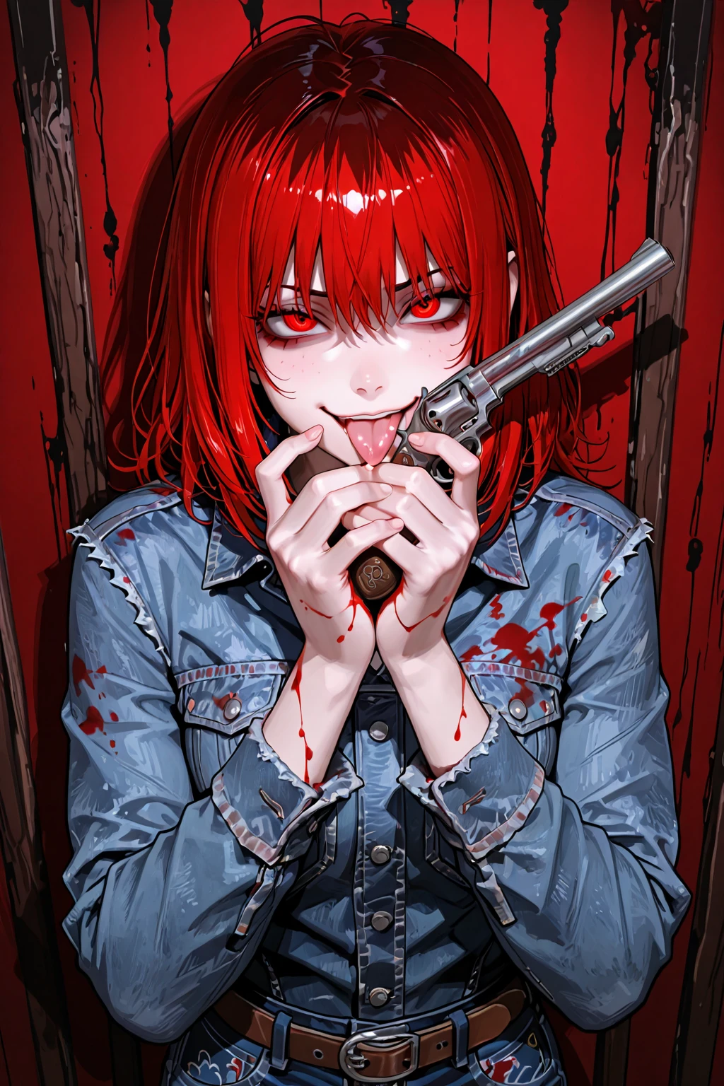 GTA style, a woman with short red hair, open  dripping with thick white fluid,  covered in blood emerging from the , gritty dark fantasy art style, highly detailed, cinematic lighting, dramatic shadows, moody colors, visceral and intense, Weak, Face of 
