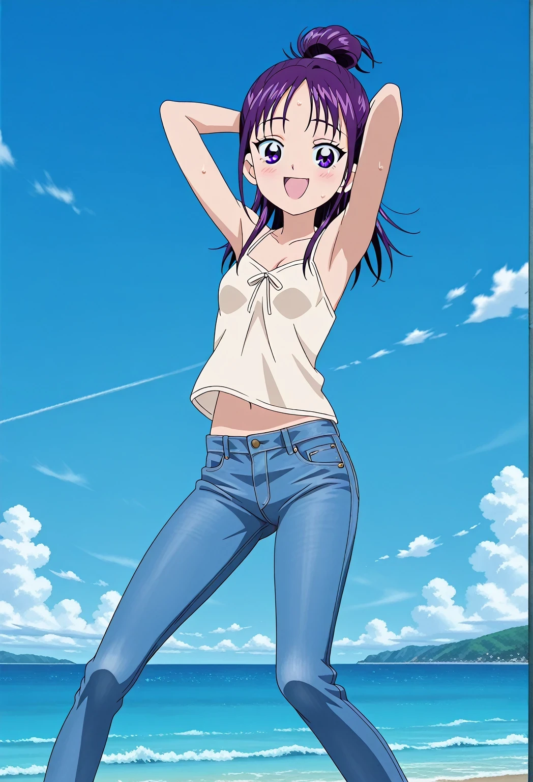 score_9, score_8_up, score_7_up, source_anime, highres, hi res, ((best quality, top quality, perfect quality, Highest Quality, amazing quality)), {{masterpiece}}, {{an extremely delicate and beautiful}}, 2d, intricate details, official style, anime, 8k, anime style, official_anime, official art, digital painting, cell shading, soft shading, high resolution, soothing tones, Subdued Color, Soft cinematic light, adobe lightroom, photolab, HDR, intricately and hyper-detailed, ((high quality animation)), 1 girl, Alone, solo, ((ocean)), tsunami, on the water, day, sunny, outdoors, sky, windy, Mai, purple_eyes, purple hair, long_hair, hair bun, anime screencap, small breasts, light beige camisole top, crop top, light beige crop top, best quality, hyper-detailed jeans, ((purple blue jeans:1.9)), (dark blue jeans:0.6), full medium body, medium shot, Open mouth, smiling, happy face, blush, sweat, standing, ((arms behind head:6.0)), bowlegged, jumping pose, action, looking at viewer, spread legs, Bend knees slightly, straight-on front view