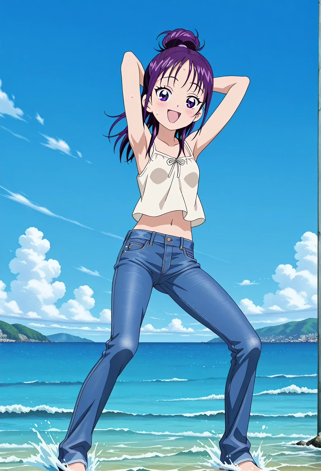 score_9, score_8_up, score_7_up, source_anime, highres, hi res, ((best quality, top quality, perfect quality, Highest Quality, amazing quality)), {{masterpiece}}, {{an extremely delicate and beautiful}}, 2d, intricate details, official style, anime, 8k, anime style, official_anime, official art, digital painting, cell shading, soft shading, high resolution, soothing tones, Subdued Color, Soft cinematic light, adobe lightroom, photolab, HDR, intricately and hyper-detailed, ((high quality animation)), 1 girl, Alone, solo, ((ocean)), tsunami, on the water, day, sunny, outdoors, sky, windy, Mai, purple_eyes, purple hair, long_hair, hair bun, anime screencap, small breasts, light beige camisole top, crop top, light beige crop top, best quality, hyper-detailed jeans, ((purple blue jeans:1.9)), (dark blue jeans:0.6), full medium body, medium shot, Open mouth, smiling, happy face, blush, sweat, standing, ((arms behind head:6.0)), bowlegged, jumping pose, action, looking at viewer, spread legs, Bend knees slightly, straight-on front view