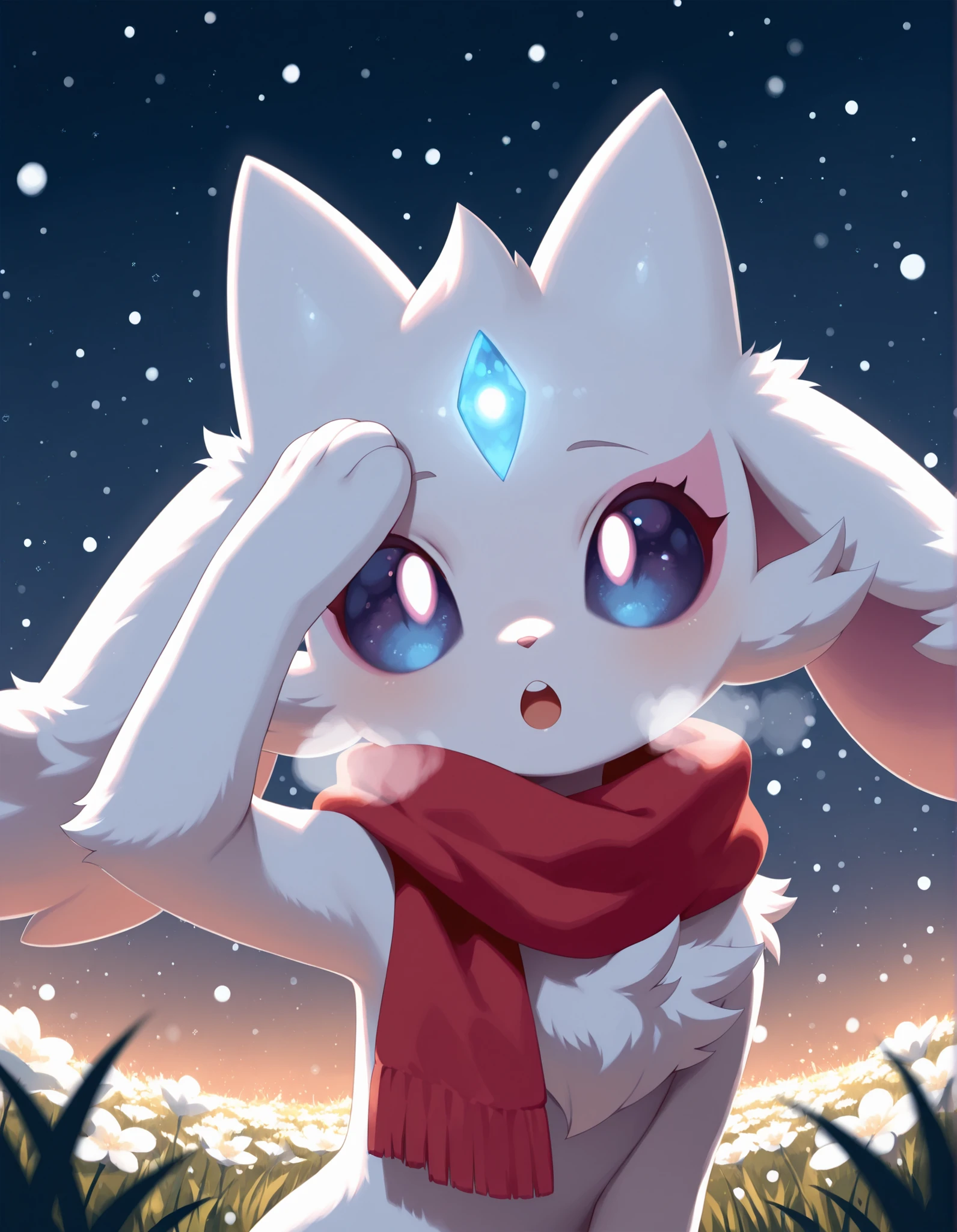 pearlykf, pokemon (creature),, Noxmauve,  solo furry, no human, guardian spirit, ori \(ori\), white body, big eyes, half-length portrait, fluffy, curious, happy, open mouth, head up, particles, raised one hand on forehead, red scarf, steamy breath, BREAK, masterpiece, best quality, high quality, [by Manino \(Mofuritaionaka\):realistic:0.65], [:by Rei \(Sanbonzakura\):0.65], detailed background, detailed foreground, depth of field, backlighting, night, [:winter, snowing:0.15], [:plant, grass, leaf, flower field:0.25]