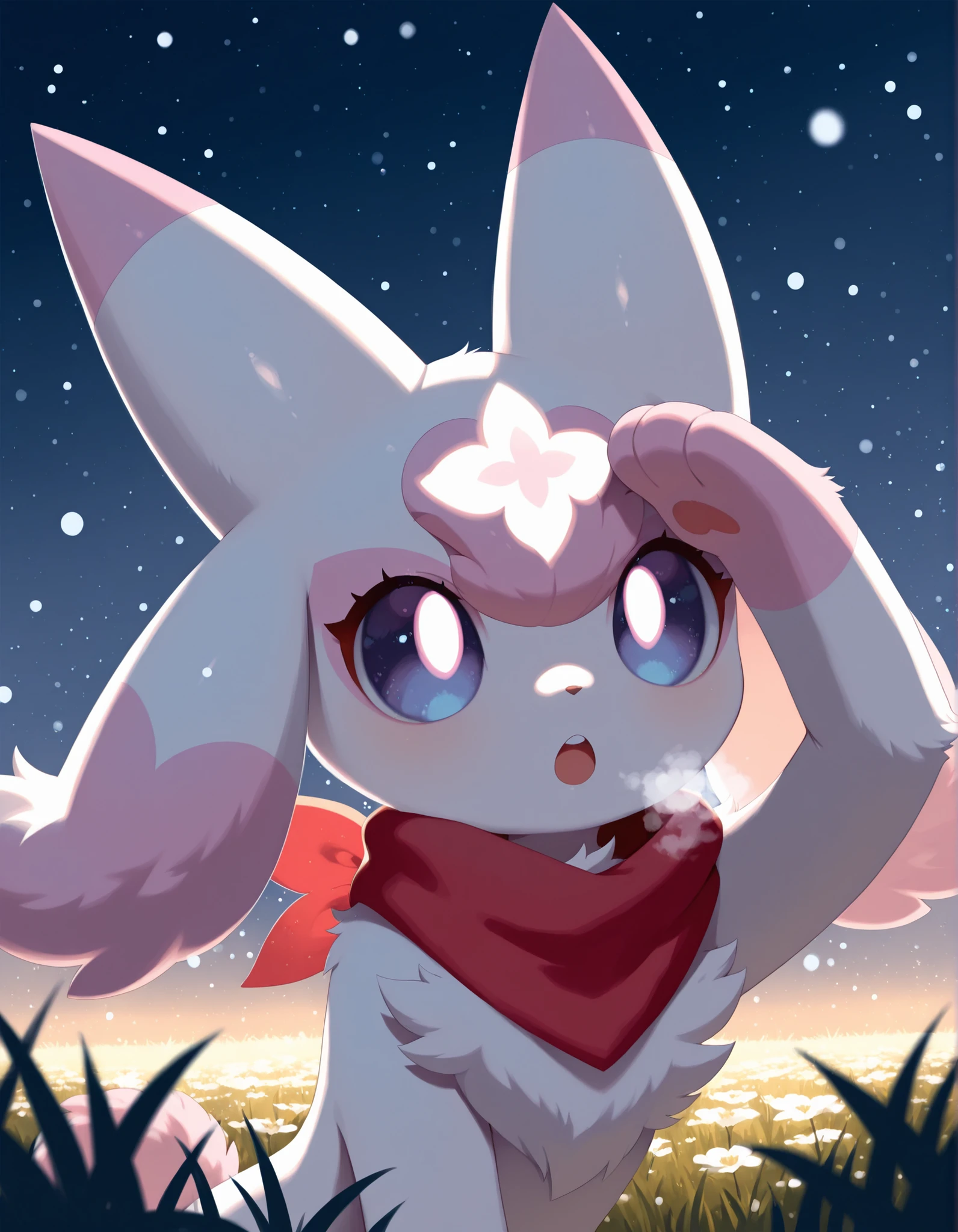 pearlykf, pokemon (creature),, Noxmauve,  solo furry, no human, guardian spirit, ori \(ori\), white body, big eyes, half-length portrait, fluffy, curious, happy, open mouth, head up, particles, raised one hand on forehead, red scarf, steamy breath, BREAK, masterpiece, best quality, high quality, [by Manino \(Mofuritaionaka\):realistic:0.65], [:by Rei \(Sanbonzakura\):0.65], detailed background, detailed foreground, depth of field, backlighting, night, [:winter, snowing:0.15], [:plant, grass, leaf, flower field:0.25]