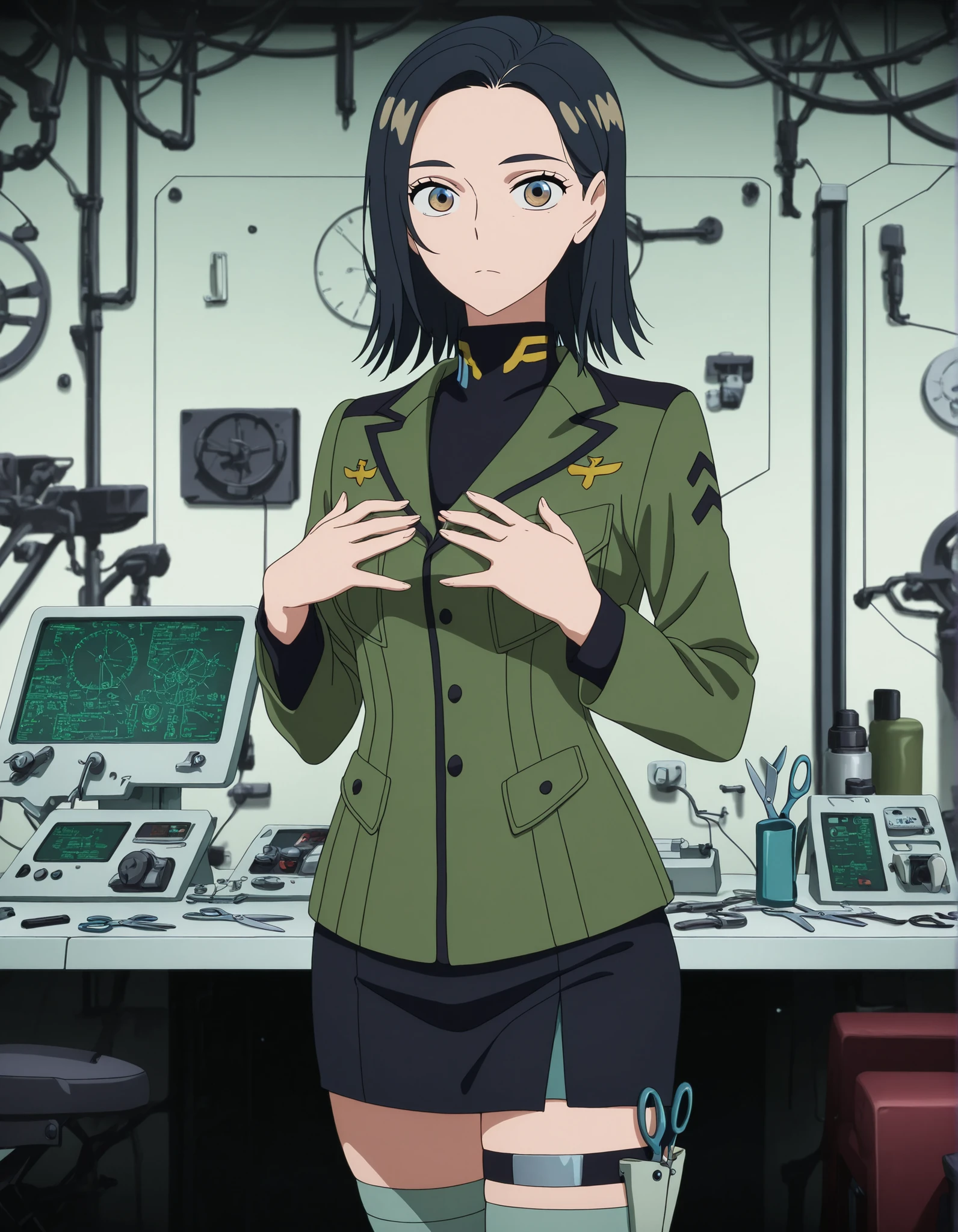 masterpiece, best quality, amazing quality,, <lora:comoli-harcourt-s1-illustriousxl-lora-nochekaiser:1>, comoli harcourt, (aged up:1.2) ,short hair, black hair, brown eyes, medium hair, hair behind ear, mature female, (small breasts), anime screencap, skirt, long sleeves, thighhighs, jacket, shorts, black skirt, uniform, thigh strap, military, military uniform, green jacket, hands on own chest,, salon, chairs, mirrors, scissors, beauty, cowboy shot, solo, looking at viewer,