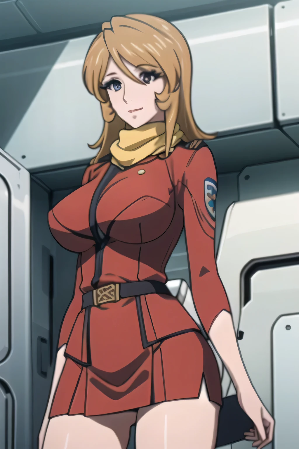 Please delicately depict a woman in military uniform with huge red breasts,long blonde,smile ヤン,!,., smile ,Alone,(Draw a red office lady costume)red suit,red miniskirt,, accurately depict her arms and legs. 、Red flight attendant uniform,please describe her expression in more detail,(draw a more delicate expression),( yellow scarf),( red blazer, red miniskirt ),(The hem of the blazer is on the back of the shirt)( Dark Blue Panties ) , , big boobs, Thin Waist , ,, so don't trim her face,from below, Dark Blue Panties through gaps ,A 30-year-old Adult Sexy Woman,