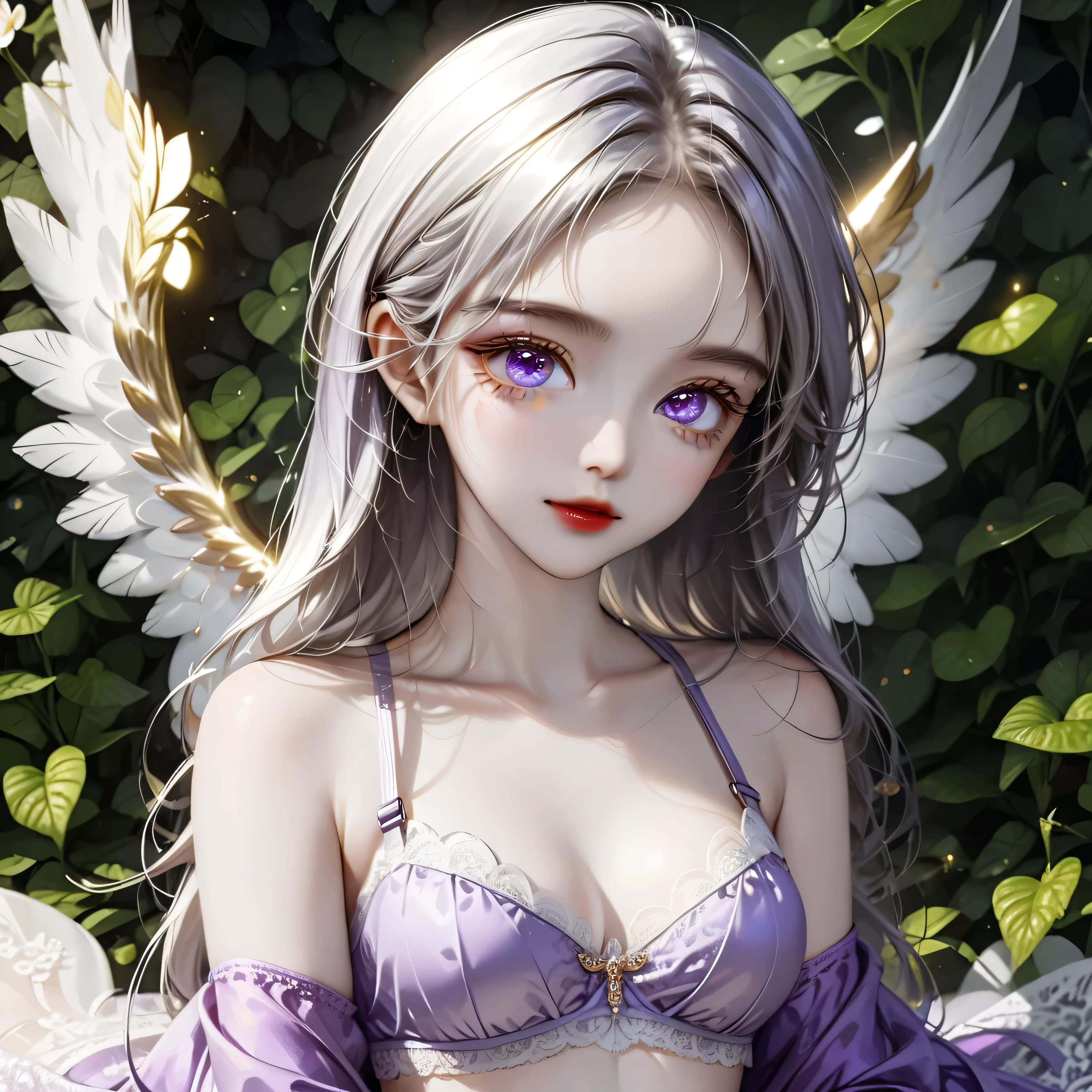 ((Top quality, 8K, best quality, masterpiece, ultra realistic)), ((Beautiful angel with odd eyes)), ((Heterochromia, golden eyes, silver eyes)), ((Sparkling and detailed eyes)), (Very precise eyes), (Long hair with a mixture of platinum and purple), Princess cut, ((Translucent and shining white skin)), Shiny skin, Very white skin, ((Very small breasts)), ((Beautiful woman wearing a lacy purple quarter cup bra with a clearly visible intricate lace pattern)), ((Crimson wrap (wearing a skirt), ((a beautiful flower garden), ((lime green quarter cup bra)), ((sitting with her legs stretched out, with wings on either side of her back)), ((anatomically accurate depiction)), ((the exact number of fingers, detailed depiction down to the tips of the fingers)), gaze, ((angel wings)),blushing face, ((the surroundings are sparkling)), smile, very beautiful, fantasy world, very beautiful eyes
