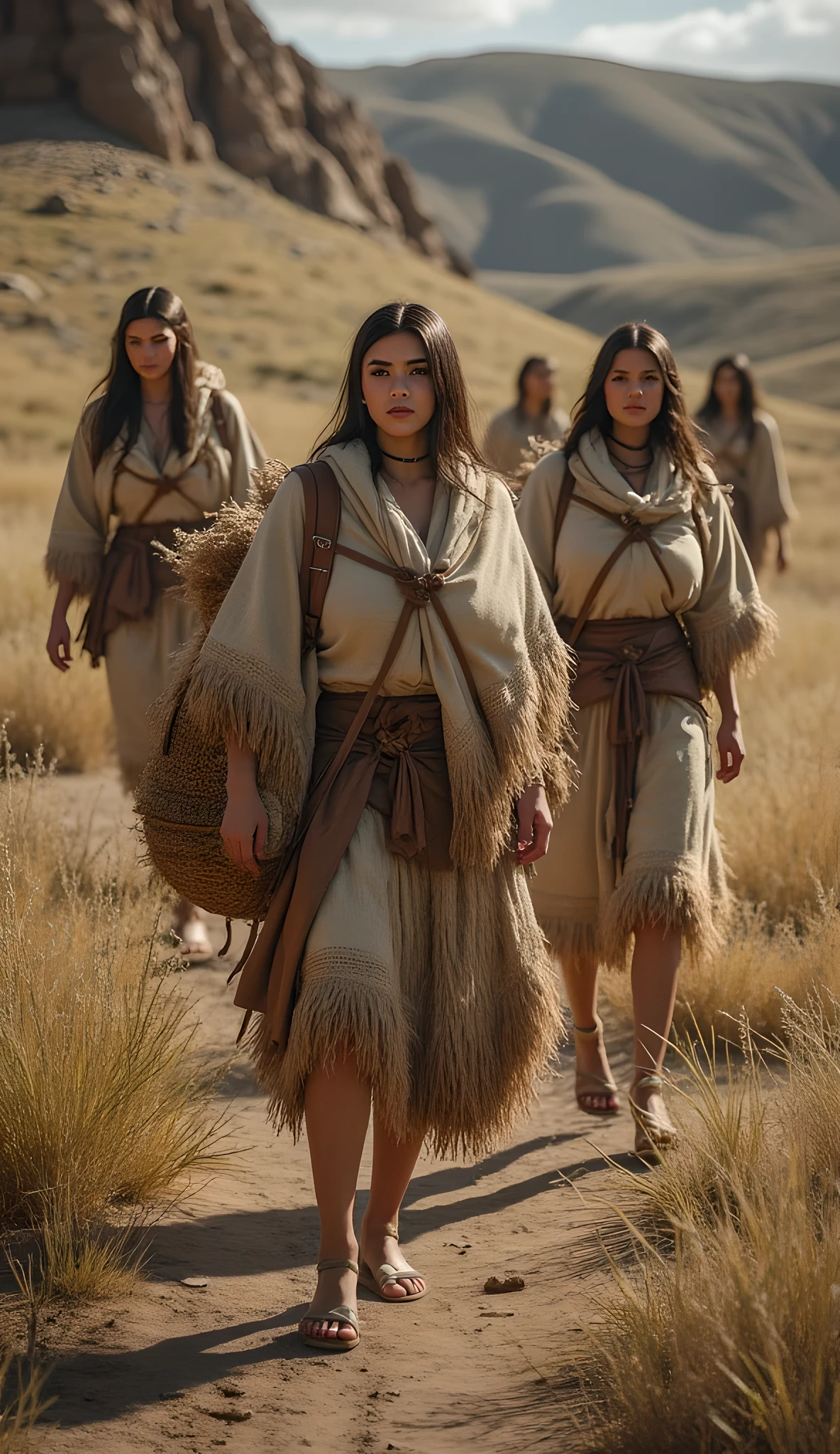 Stone age era, (prehistoric age era:1.6), ((Realistic cinematography best cinematic angle depth intense details of realistically beautiful dry tundra landscape scenery)),surreal,focusing on a group beauty female nomads while carrying a realistic intricately straw woven rucksacks,wearing sandals,(every features are depicted clearly),(realistically accurately and intricately depicting scenery),((tribe)),walking body pose,(wearing primitive full coverage leafs fabric cloak|and fully woven primitive straw long robe enveloping their whole bodies),long fur skirt,(perfectly busty curvy depth symmetrically precisely full bodies),(cinematic dynamically camera cinematic angle scenery:accurately depicted:1.3),the lively prehistoric cradle of historcal depicting scenery,midday,realistically full depth,autumn season,(cinematography dynamic angle|hyperrealistic:realistic scenery:3d texture over the scenery),best videography angle,hdr,masterpiece,4K,(cinematography vibe),primordial folk fabric wardrobe,(dynamic image composition),(octane 3d rendering|50mm lens shot:1.3),(precise lifelike skin texture:lifelike hairs:realism),(best rule of third photography composition),(best image aperture),(full details depth of field),(best shutter speed),(RAW photo image),(photorealistic|photorealism:hyperrealism style),(realistic depth 3d:cgi:1.3),(trending on cgsociety:devianart:unreal engine 5),,(best photography:national Geographic style), stonePunkAi and sandalPunkAi artwork, digital art,best lighting concept,(realistic intricately fixed truly fully human's anatomy body+hands+and+fingers anatomical),natural motion,inspired by farcry5 game artwork, ((SFW)),