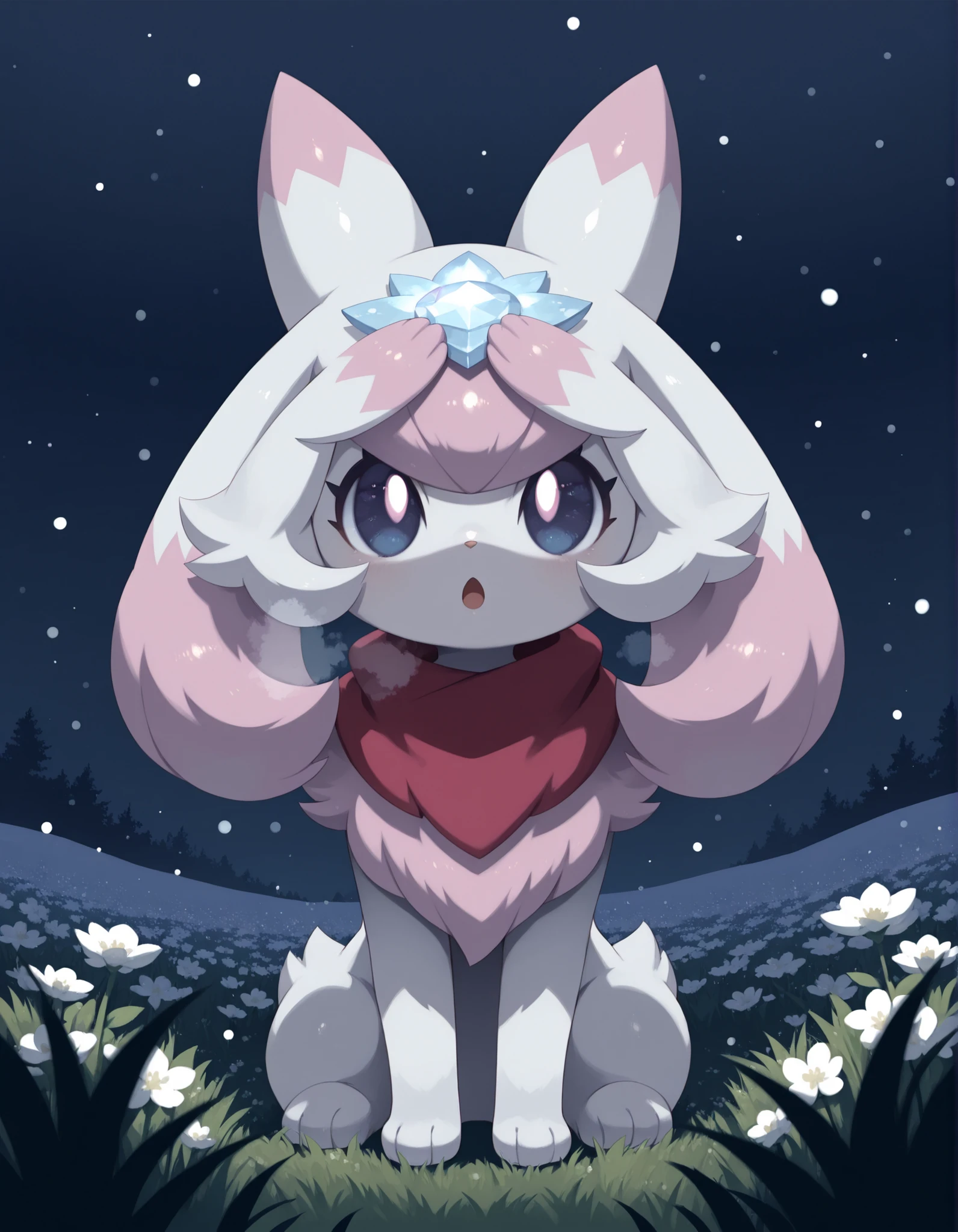 pearlykf, pokemon (creature),, Noxmauve,  solo furry, no human, guardian spirit, ori \(ori\), white body, big eyes, half-length portrait, fluffy, curious, happy, open mouth, head up, particles, raised one hand on forehead, red scarf, steamy breath, BREAK, masterpiece, best quality, high quality, [by Manino \(Mofuritaionaka\):realistic:0.65], [:by Rei \(Sanbonzakura\):0.65], detailed background, detailed foreground, depth of field, backlighting, night, [:winter, snowing:0.15], [:plant, grass, leaf, flower field:0.25]
