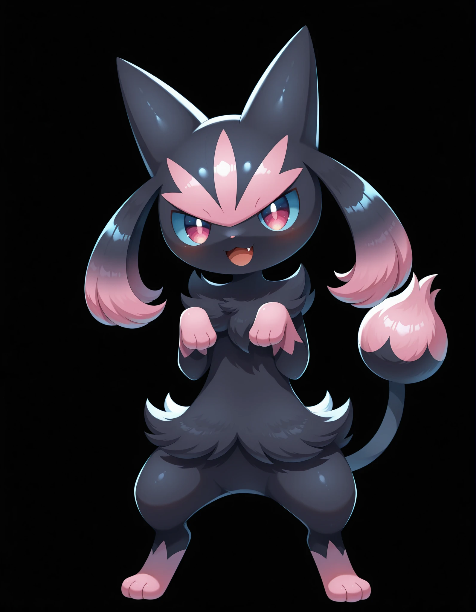Noxmauve, solo, smile, open_mouth, pink_eyes, simple_background, black_hair, standing, full_body, pink_hair, multicolored_hair, fang, hands_up, pokemon_\(creature\), black_background, paw_pose, black_fur, blue_sclera, highlights_(coloring), gradient_hair, 