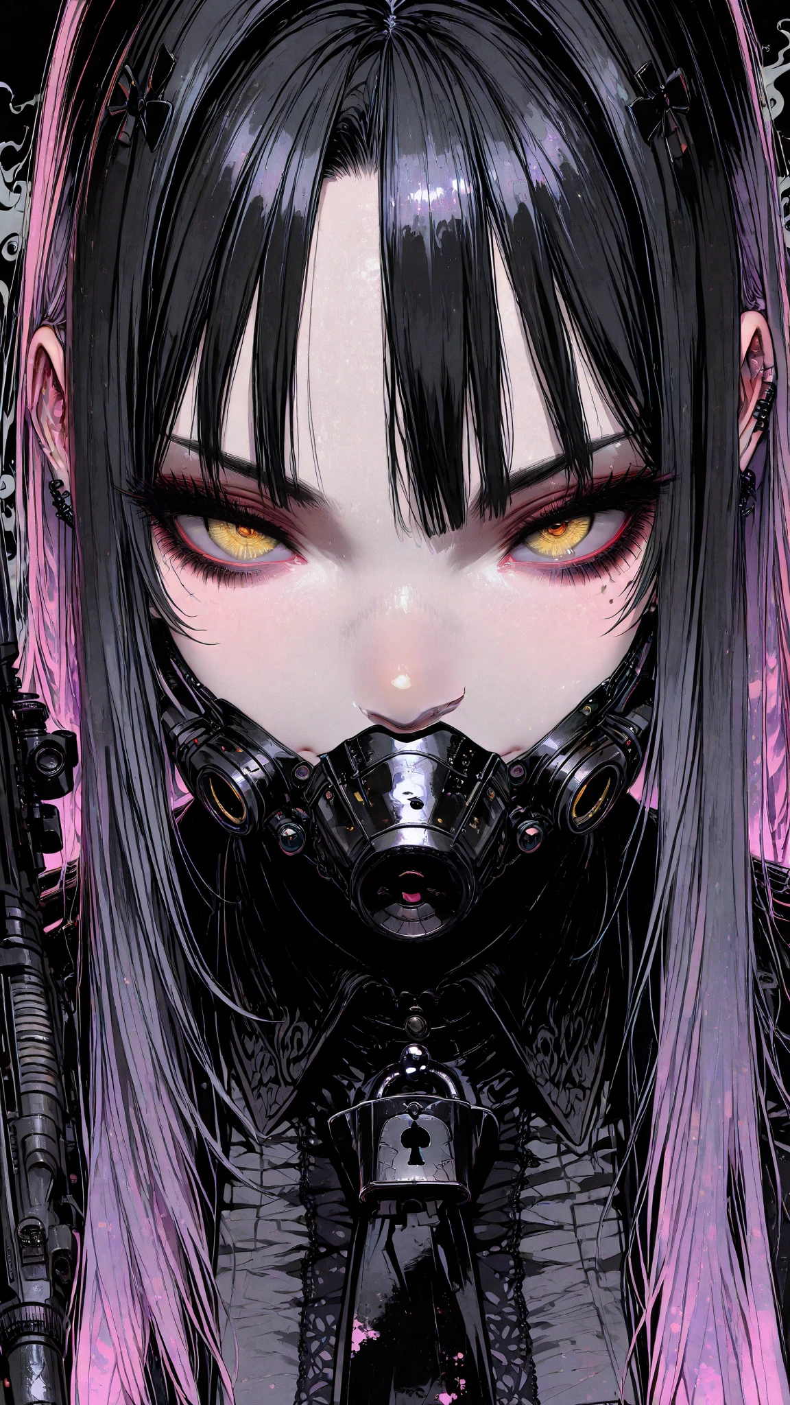 Highest quality、8K、masterpiece:1.3、Gothic Punk、The inside color is red、Black-haired、hair ornaments、Beautiful girl、creative、Dark Fantasy Style、Neogoth、Goth Fashion:1.2、High resolution、masterpiece、Highest quality、頭w:1.3、((Hasselblad Photos))、Fine skin、Sharp focus、(Cinematic lighting)、Realistic textured hair、((Black Mask)),Esbian all over、((View from below))