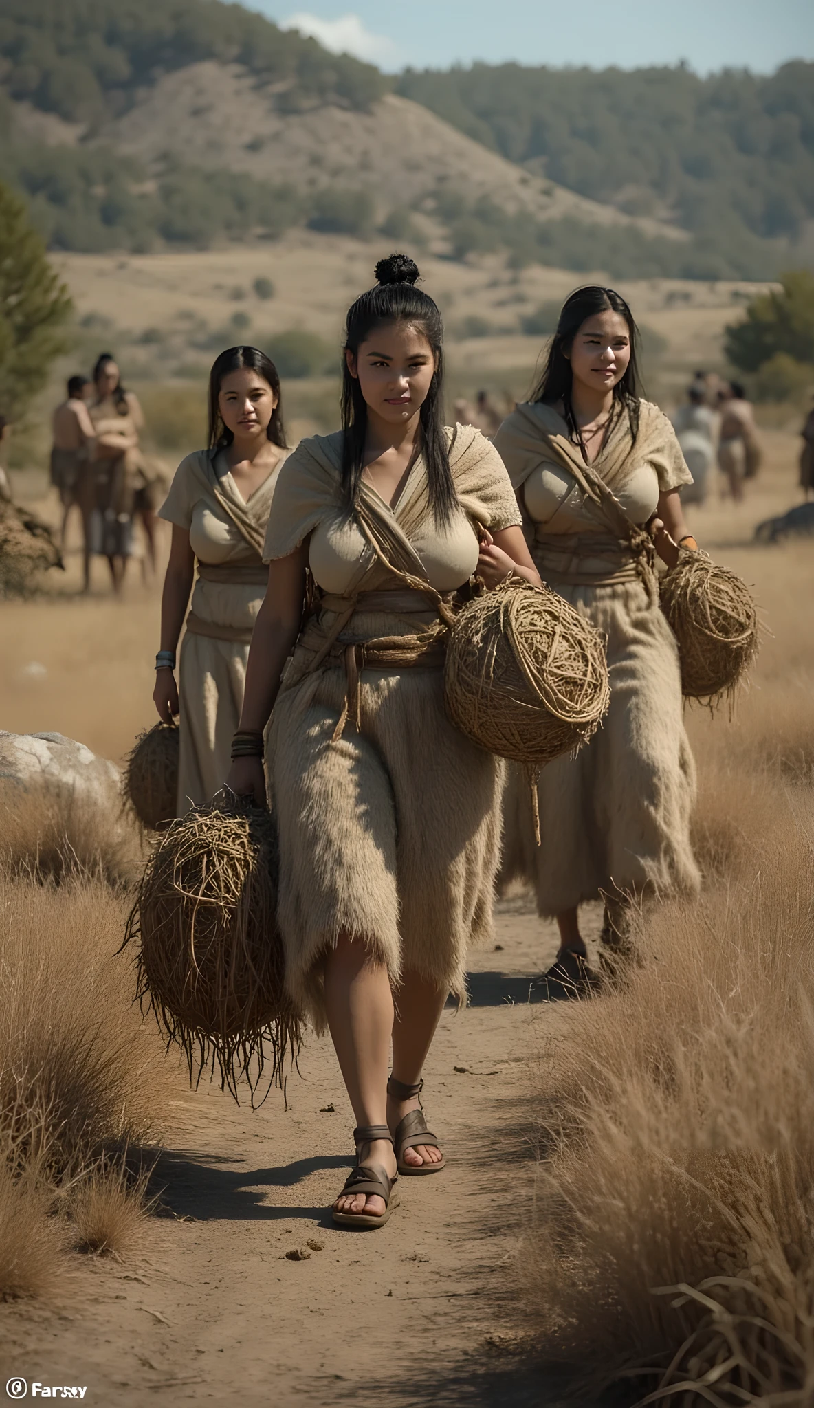 Stone age era, (prehistoric age era:1.6), ((Realistic cinematography best cinematic angle depth intense details of realistically beautiful dry tundra landscape scenery)),surreal,focusing on a group beauty female nomads while carrying a realistic intricately straw woven rucksacks,wearing sandals,(every features are depicted clearly),(realistically accurately and intricately depicting scenery),((tribe)),walking body pose,(wearing primitive full coverage leafs fabric cloak|and fully woven primitive straw long robe enveloping their whole bodies),long fur skirt,(perfectly busty curvy depth symmetrically precisely full bodies),(cinematic dynamically camera cinematic angle scenery:accurately depicted:1.3),the lively prehistoric cradle of historcal depicting scenery,midday,realistically full depth,autumn season,(cinematography dynamic angle|hyperrealistic:realistic scenery:3d texture over the scenery),best videography angle,hdr,masterpiece,4K,(cinematography vibe),primordial folk fabric wardrobe,(dynamic image composition),(octane 3d rendering|50mm lens shot:1.3),(precise lifelike skin texture:lifelike hairs:realism),(best rule of third photography composition),(best image aperture),(full details depth of field),(best shutter speed),(RAW photo image),(photorealistic|photorealism:hyperrealism style),(realistic depth 3d:cgi:1.3),(trending on cgsociety:devianart:unreal engine 5),,(best photography:national Geographic style), stonePunkAi and sandalPunkAi artwork, digital art,best lighting concept,(realistic intricately fixed truly fully human's anatomy body+hands+and+fingers anatomical),natural motion,inspired by farcry5 game artwork, ((SFW)),