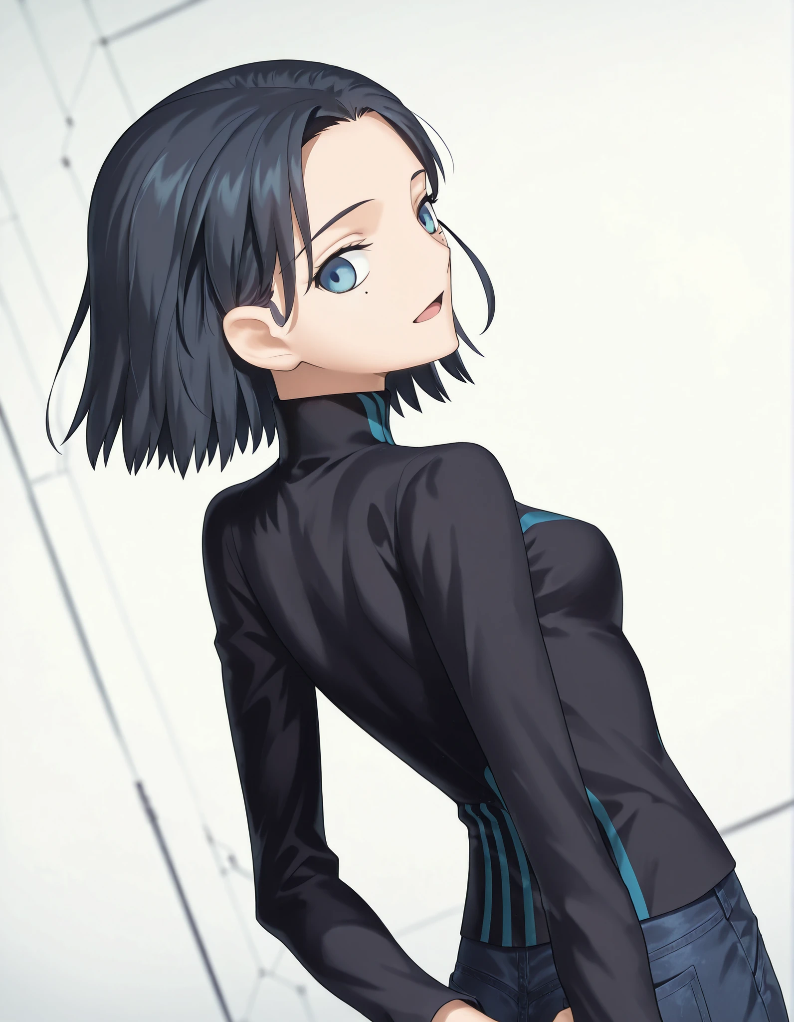 masterpiece, absurdres, highres, detailed background, high resolution, necessary, detail, best quality, quality, necessary, details, High details, Precise ,detailed face,
Takeuchi Takashi (type-moon,fate) style, 
solo, nsfw, 
official art,  <lora:Comoli_Harcourt__:0.8>Comoli_Harcourt,, (light skin),
Comoli_Harcourt, brown and blue eyes, black hair,jeans, black turtleneck , mole under eye, mole, solo, short hair, turtleneck, ,
no background, white background, 
solo, back view, upper body, looking back, standing, join hands behind body, light smile, dutch angle, face close-up, open mouth, 