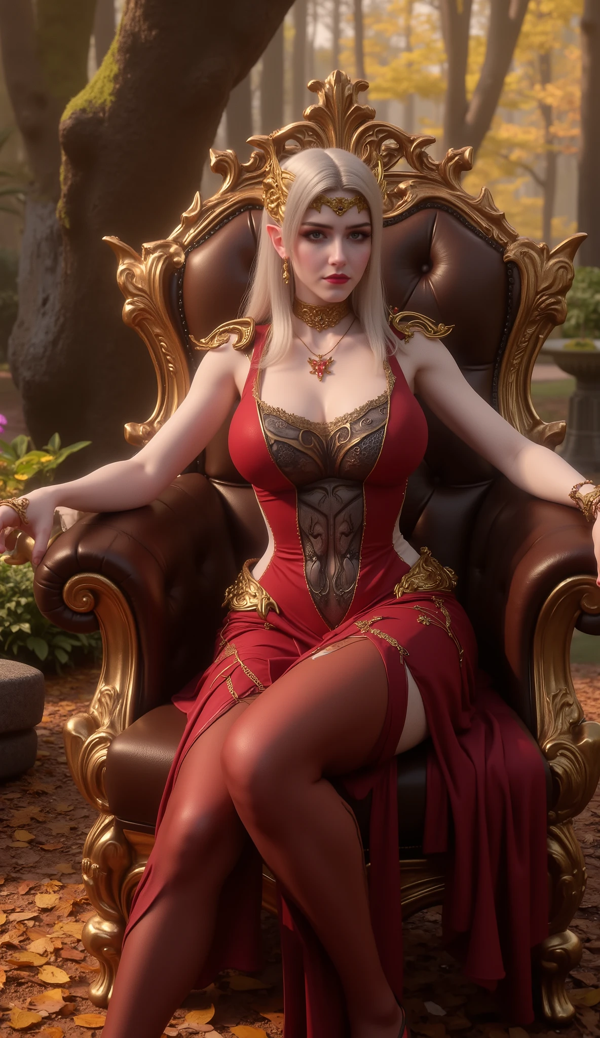 low angle shot of flame highly detailed 4K, fantasy, oil painting, princess wearing hotpants sitting in a leather armchair, waiting in an enchanted forest at mid-morning, hyper-realistic, intricate details, dramatic lighting, vibrant colors, photorealistic