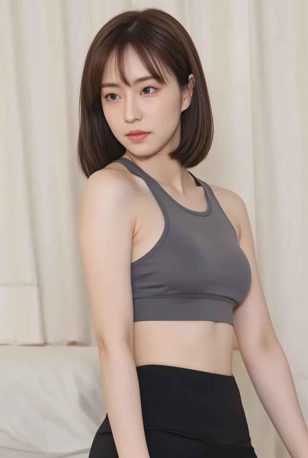 (hyperreality: 1.35), (Realistic: 1.4),Alone. (((without makeup ))), masterpiece, 最High Quality, High Quality, Alone, muscular, slender body, breasts are separated, (最High Quality)),((Very Delicate and Beautiful)), ((Very Delicate and Beautiful)), (((Unbelievably Weird))),  Slender figure up to the waist, ((( slender body))), (((Thin Waist))), face like a salon model, cool face,  Neutral Facial Feature,(ecstasy:1.3) ,(small breasts), focuses on women, {Particles of Light},  detailed background ,  Soft Sentences That Fall To The Floor , (Dramatic), Mellow, very beautiful Mellow, live-action, Realistic, (blurry background), (((Wear only a sports bra and sports pants)))