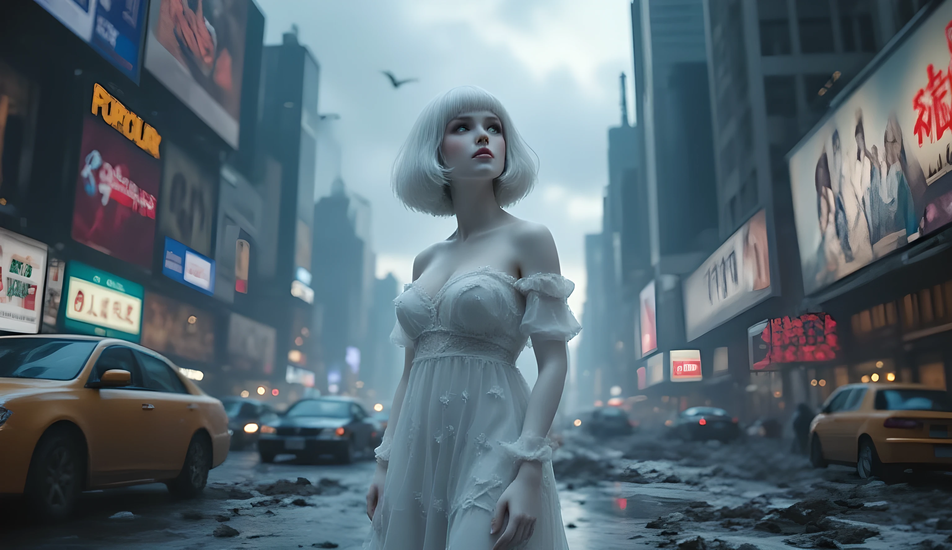 (masterpiece, ultra-detailed, photorealistic, cinematic lighting),
Sally, short silver-white fluffy bob hair,
(porcelain ceramic skin with subtle lifelike warmth, smooth glazed surface, reflective highlights, sculpted delicate face, faint blush hints, not mannequin, not plastic),
wearing a torn translucent off-shoulder white chiffon dress with ruffled sleeves,
standing alone in the center of the frame, looking upward to the sky with calm yet solemn expression,
composition: wide horizontal shot, full-body figure centered, epic scale,
background: post-apocalyptic New York Times Square, ruined skyscrapers, broken billboards, collapsed buildings, shattered neon lights, abandoned cars, scattered debris,
atmosphere: dark stormy clouds above, faint cold moonlight breaking through, drifting smoke and dust in the air, cinematic ruins illuminated by dim bluish glow,
lighting: dramatic high-contrast rim light, cold silver-blue tones with subtle warm highlights on face,
hyper-realistic details: wet cracked asphalt, destroyed billboards, glowing embers, faint rain falling,
**epic monumental mood, sculptural presence, cinematic destruction scene**