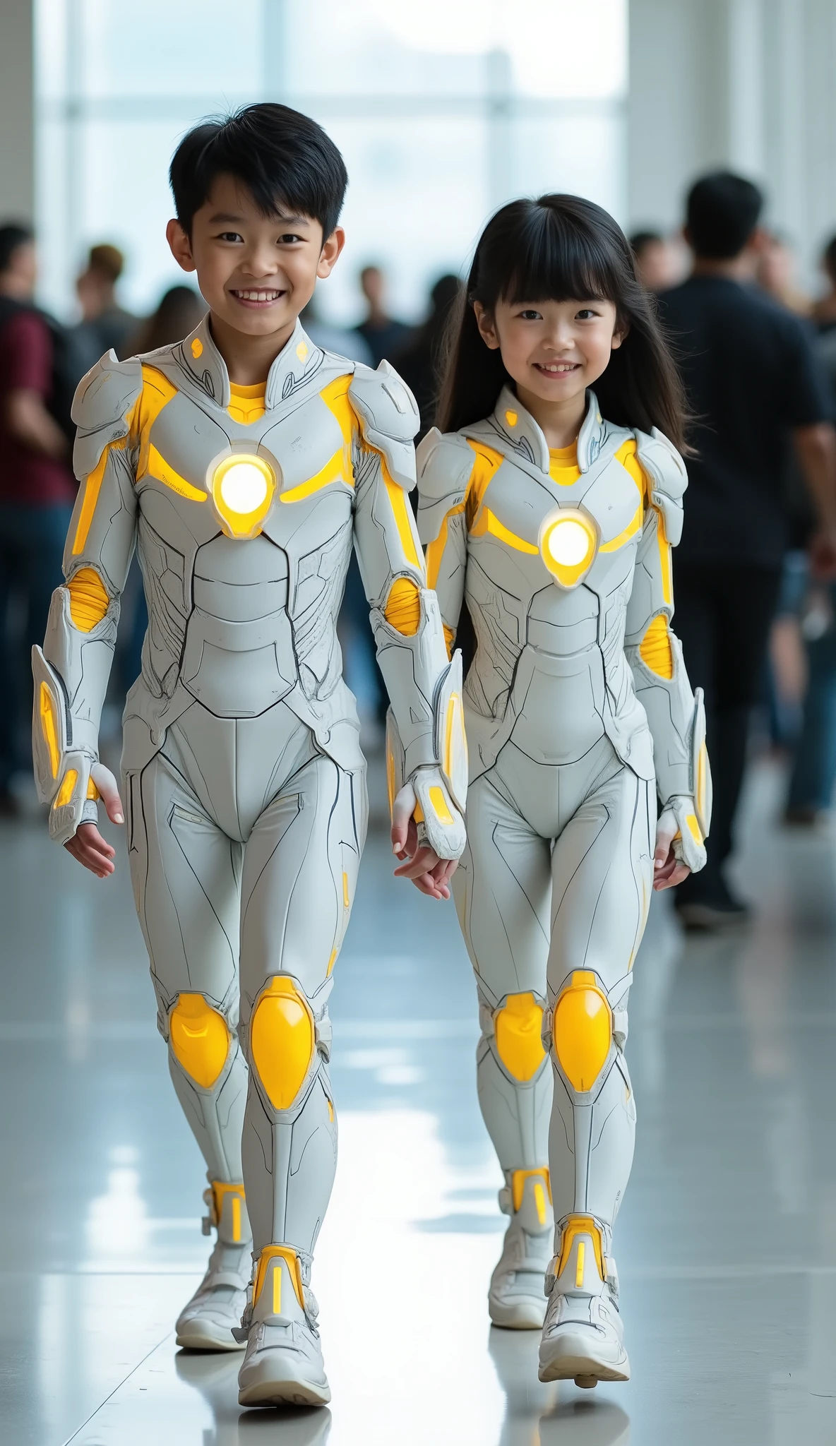 character: 1 asian preteen boy black hair and 1 asian preteen girl black hair Straight with bangs .
action: Walking straight.

Expression : smiling. Looking at the camera.

Costume : they Wearing futuristic biru white electric venom ironman body suit with futuristic yellow  accents armor. Full body view.

 Background :  A bright indoor public space ,  with people vaguely seen in the distance ,  indicates that this picture was taken at a fun event or meeting ,  may be a convention or costume party .  They radiate happiness while walking confidently in their superhero costumes. Full body.
