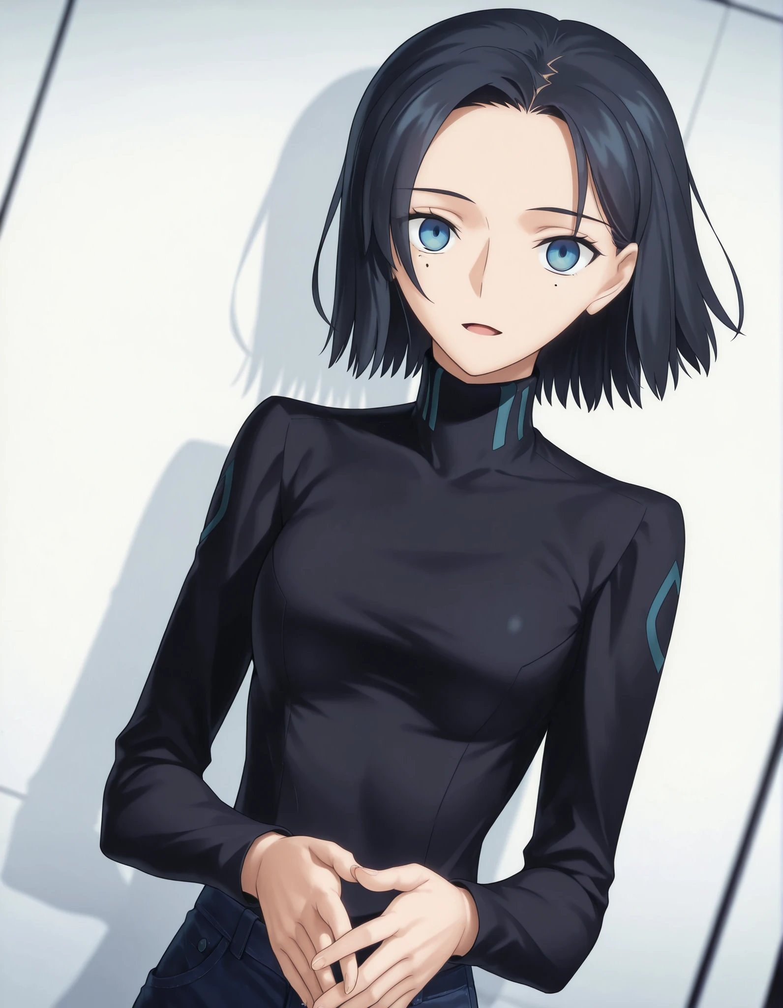 masterpiece, absurdres, highres, detailed background, high resolution, necessary, detail, best quality, quality, necessary, details, High details, Precise ,detailed face,
Takeuchi Takashi (type-moon,fate) style, 
solo, nsfw, 
official art,  <lora:Comoli_Harcourt__:0.8>Comoli_Harcourt,, (light skin),
Comoli_Harcourt, brown and blue eyes, (multi eye color), black hair, jeans, black turtleneck , mole under eye, one mole, solo, short hair, turtleneck, ,
no background, white background, 
solo, , upper body, looking at viewer, standing, join hands behind body, light smile, dutch angle, face close-up, open mouth, 