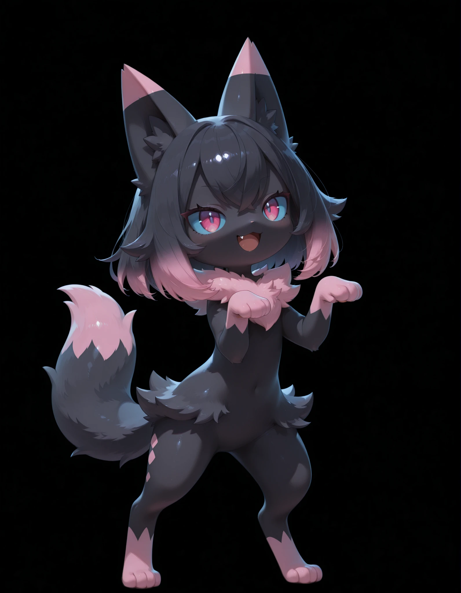 Noxmauve, solo, smile, open_mouth, pink_eyes, simple_background, black_hair, standing, full_body, pink_hair, multicolored_hair, fang, hands_up, pokemon_\(creature\), black_background, paw_pose, black_fur, blue_sclera, highlights_(coloring), gradient_hair, 