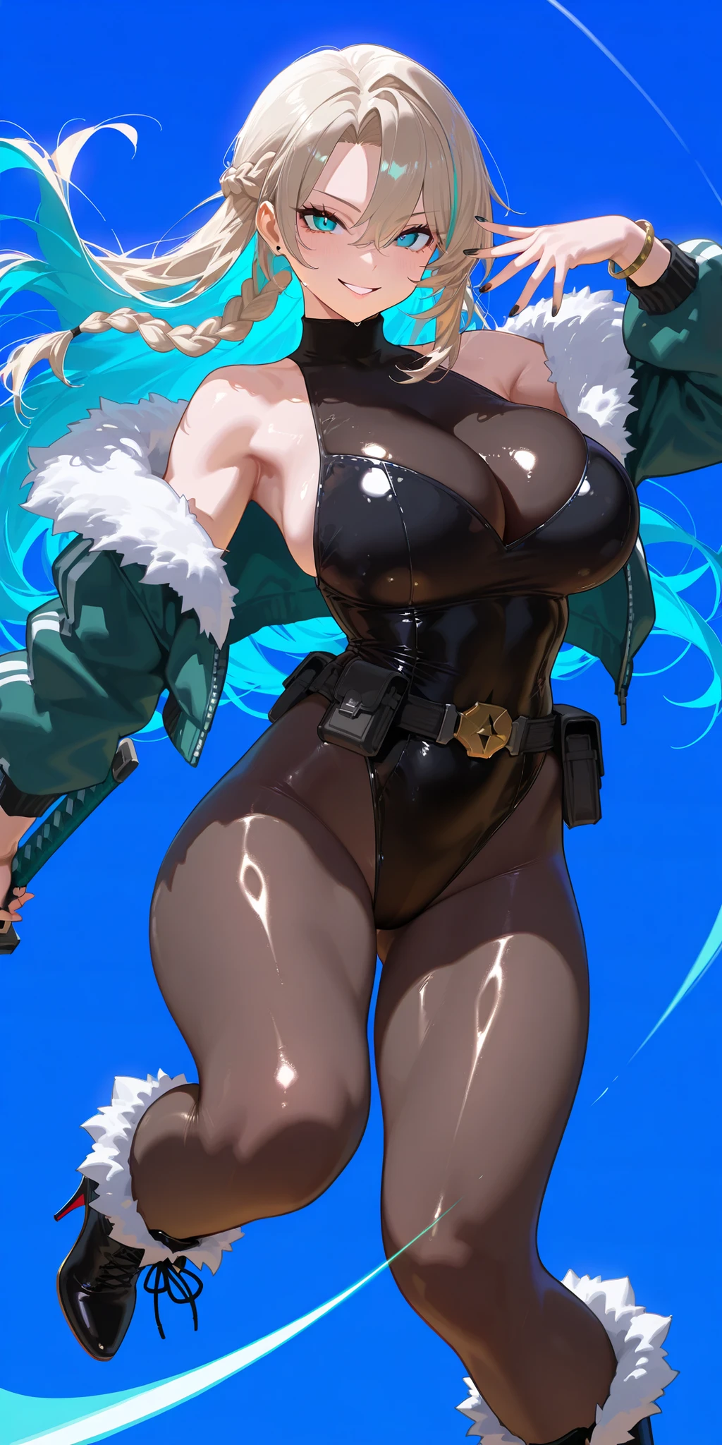 Masterpiece, mature woman, madam president (golden boy), tall body, slim, upper body, ultra detailed, highres, absurdres, free long hair, smiling, seducing face, turtleneck, sunny blue background, detailed face, no cape, pale face, black nails, tight clad mini black leotard, close up on upper body, high waistband, sleeveless leotard, bare shoulders, showing face, body 3:4, vinyl leotard, shiny leotard, showing face, blue sunny sky background, light brown spiky hair, solo, 1 girl, hair between eyes, bare shoulders, from head to thighs, simple background, detailed face, toned legs, big breasts, curvy body, looking at viewer, solo, 1 girl, stiletto heeled boots, vertical pupils, oiled pantyhose, open bomber teal jacket, shiny pantyhose, teal eyes, teal katana, side braid, fighting pose, teal blade, multicolored hair, teal inner hair, slashing pose, fearless look, dtermined expression, sharp eyes, bracelets, utility belt, fur trimmed leotard