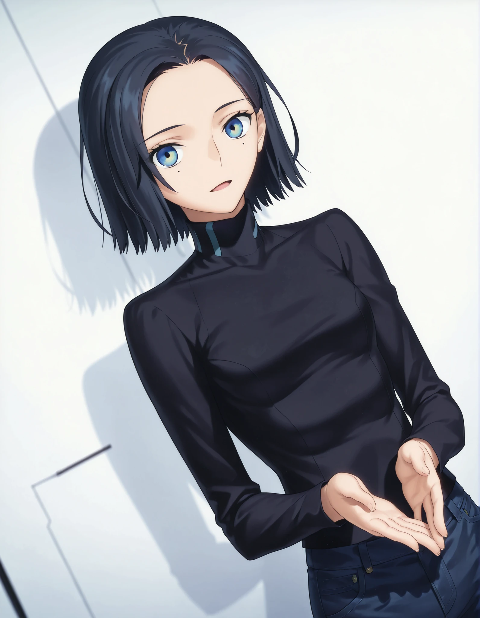 masterpiece, absurdres, highres, detailed background, high resolution, necessary, detail, best quality, quality, necessary, details, High details, Precise ,detailed face,
Takeuchi Takashi (type-moon,fate) style, 
solo, nsfw, 
official art,  <lora:Comoli_Harcourt__:0.8>Comoli_Harcourt,, (light skin),
Comoli_Harcourt, (brown and blue eyes), (multicolor eye), black hair, jeans, black turtleneck , mole under eye, one mole, solo, short hair, turtleneck, small breasts,
no background, white background, 
solo, , upper body, looking at viewer, standing, join hands behind body, light smile, dutch angle, face close-up, open mouth, 