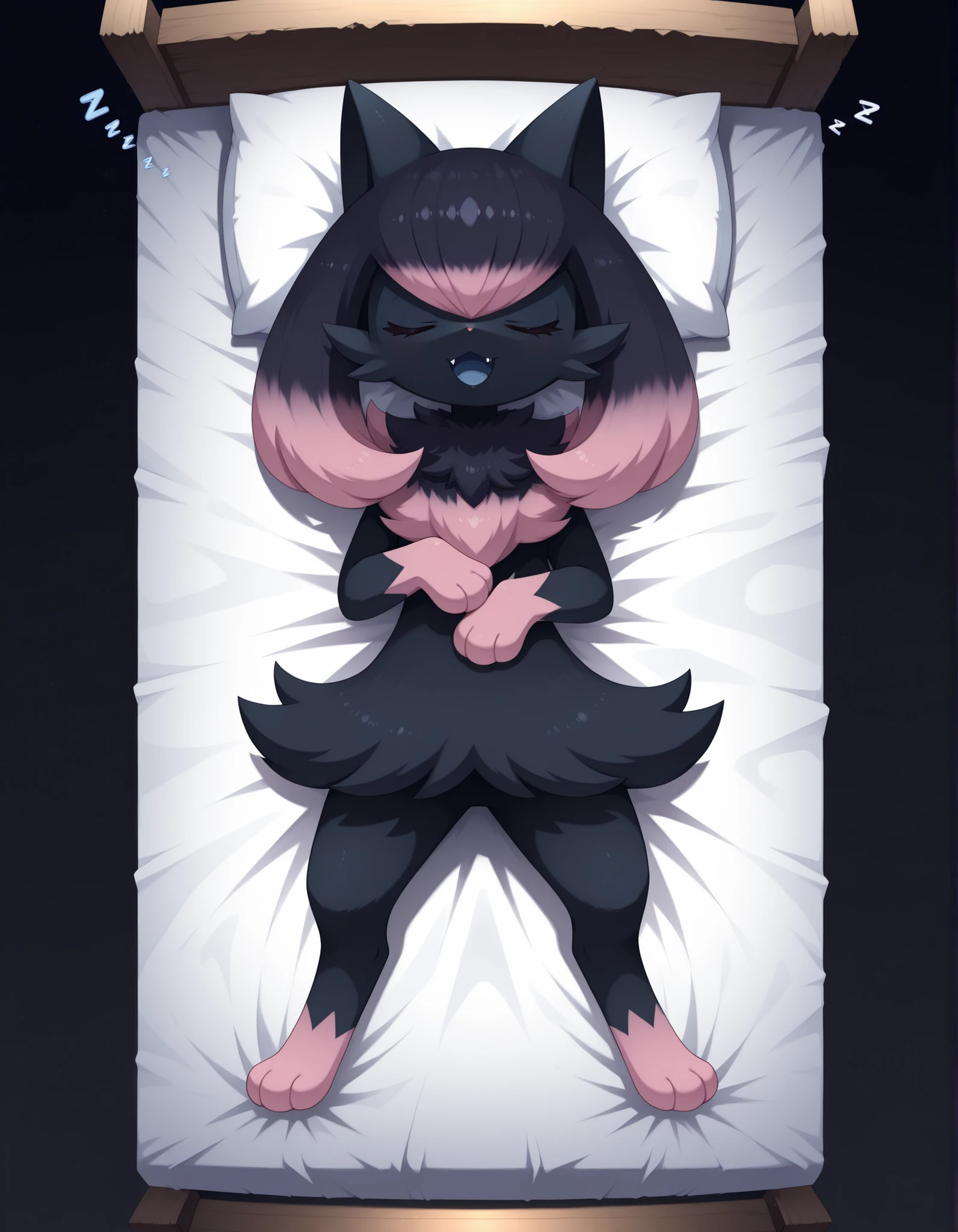 Noxmauve, solo, smile, open_mouth, pink_eyes, simple_background, black_hair, standing, full_body, pink_hair, multicolored_hair, fang, hands_up, pokemon_\(creature\), black_background, black_fur, blue_sclera, highlights_(coloring), gradient_hair,, medieval, fantasy, village, inside, day, bedroom, bed, on bed, sunbeam, high-angle view, from above, full-length portrait, BREAK, lying, on back, hand on chest, hand on stomach, legs slightly apart, (open mouth:1.12), blue tongue, (eyes closed:1.2), (head turned:1.1), plantigrade, (sleeping, snoring:1.2), zzz,, paws,