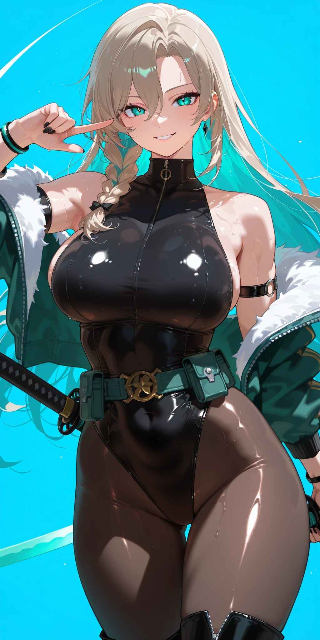 Masterpiece, mature woman, madam president (golden boy), tall body, slim, upper body, ultra detailed, highres, absurdres, free long hair, smiling, seducing face, turtleneck, sunny blue background, detailed face, no cape, pale face, black nails, tight clad mini black leotard, close up on upper body, high waistband, sleeveless leotard, bare shoulders, showing face, body 3:4, vinyl leotard, shiny leotard, showing face, blue sunny sky background, light brown spiky hair, solo, 1 girl, hair between eyes, bare shoulders, from head to thighs, simple background, detailed face, toned legs, big breasts, curvy body, looking at viewer, solo, 1 girl, stiletto heeled boots, vertical pupils, oiled pantyhose, open bomber teal jacket, shiny pantyhose, teal eyes, teal katana, side braid, fighting pose, teal blade, multicolored hair, teal inner hair, slashing pose, fearless look, dtermined expression, sharp eyes, armlets, teal utility belt, fur trimmed leotard, long forearm cuff bracelets, pointing katana at viewer, multiple teal slashes on background
