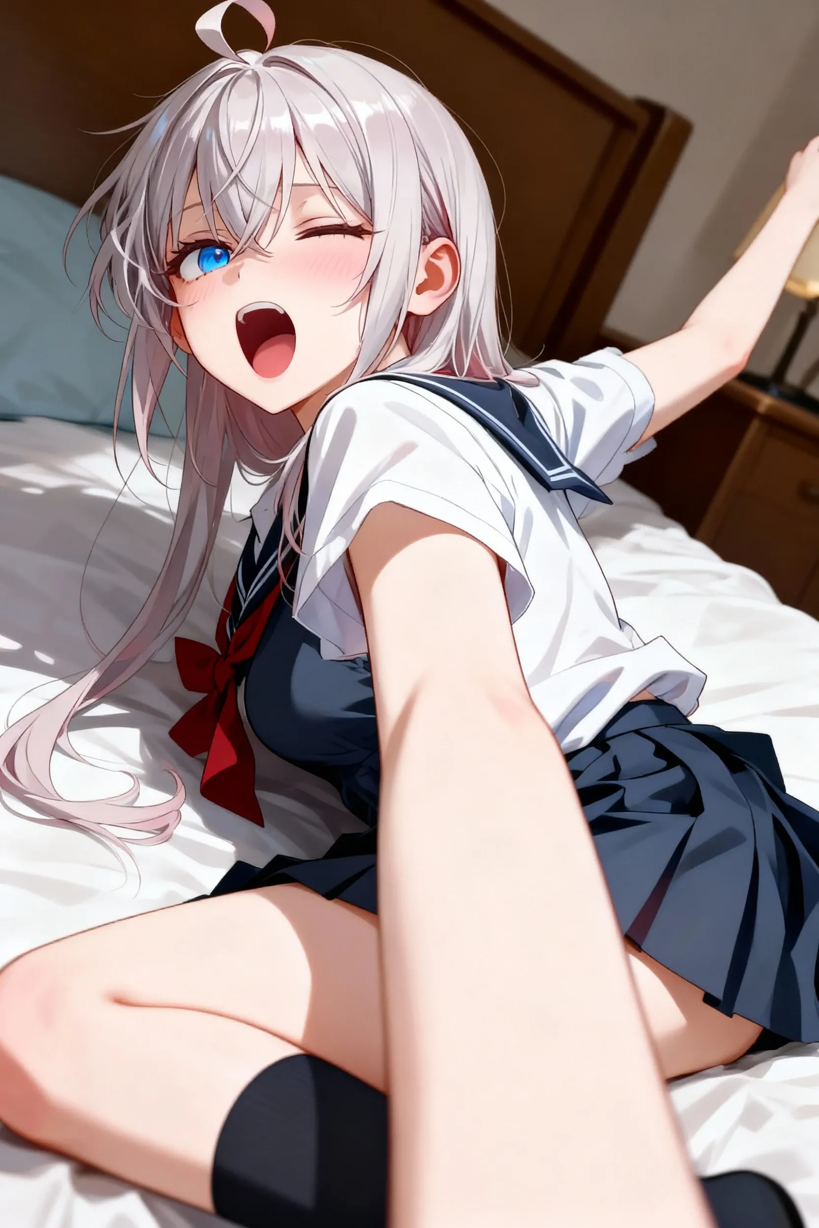 masterpiece, best quality, ultra-detailed, high resolution, perfect , 1girl, aanozomi, long hair, streaked hair, hair ornament, hair bow, polka dot, hair flower, ear piercing, earrings, heterochromia, choker, necktie, (((completely ))), pale white skin, , Thighs,  line, (show off ), (small ), (show off ), (skinny, slender), ((, :1.3)), , (:1.4), legs up, (lying:1.4), (lying on the bed), foot focus, (thigh focus), ( focus:1.4), (supine), (:1.2), foot focus, (thigh focus), ( focus:1.4), (from below:1.3), full body, (arms up), (spread arms), (, forced :1.2, :1.1, angry:1.1, scared, water eye, disappointed, disgust, contemptuous, disdain, , slut, , ), (( :1.1, ,  in )), ((excessive :1.4,  on body:1.4,  on :1.2, :1.4))