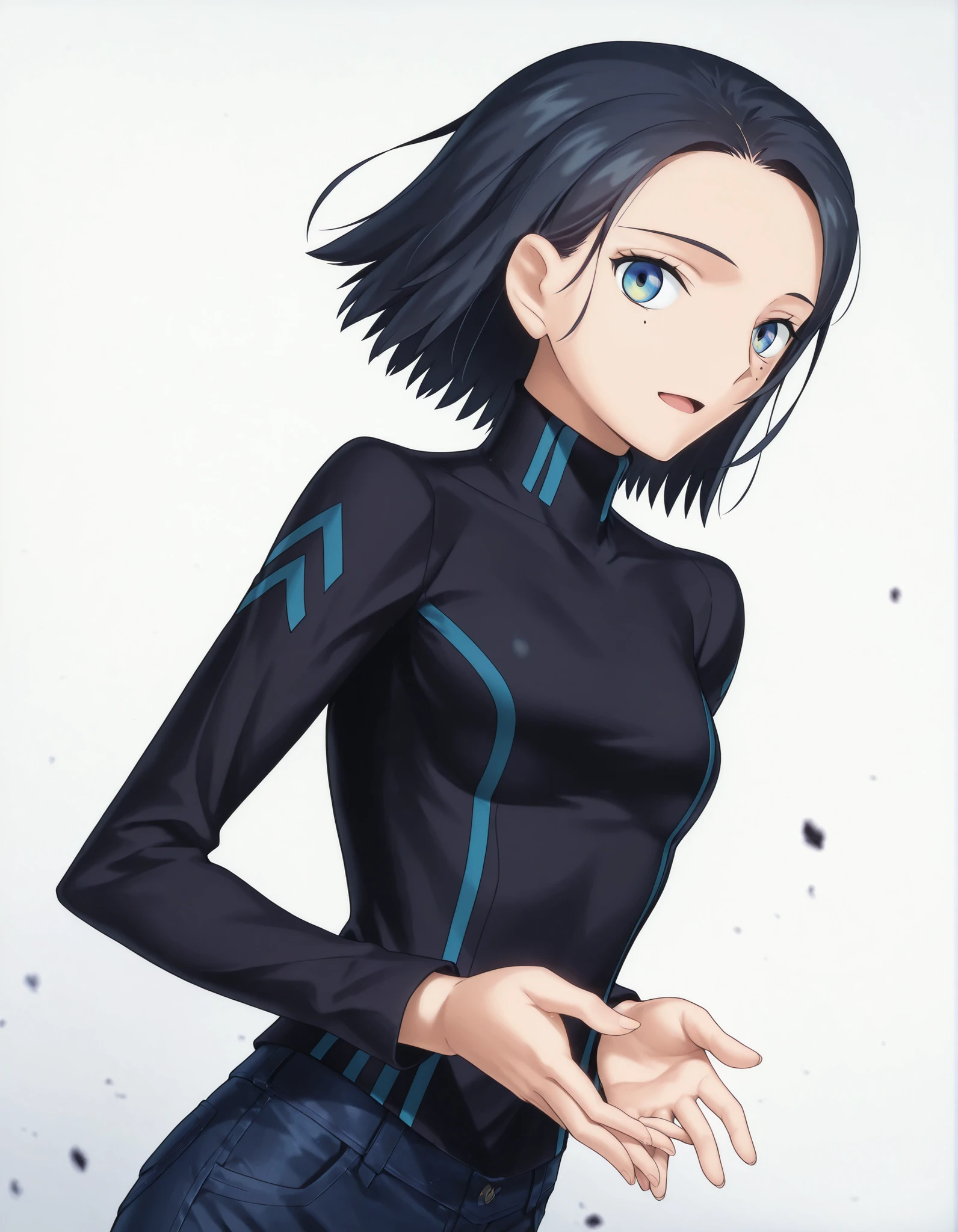 masterpiece, absurdres, highres, detailed background, high resolution, necessary, detail, best quality, quality, necessary, details, High details, Precise ,detailed face,
Takeuchi Takashi (type-moon,fate) style, 
solo, nsfw, 
official art,  <lora:Comoli_Harcourt__:0.8>Comoli_Harcourt,, (light skin),
Comoli_Harcourt, (brown and blue eyes), (multicolor eye), black hair, jeans, black turtleneck , mole under eye, one mole, solo, short hair, turtleneck, small breasts,
no background, white background, 
solo, , upper body, looking at viewer, standing, join hands behind body, light smile, dutch angle, face close-up, open mouth, 