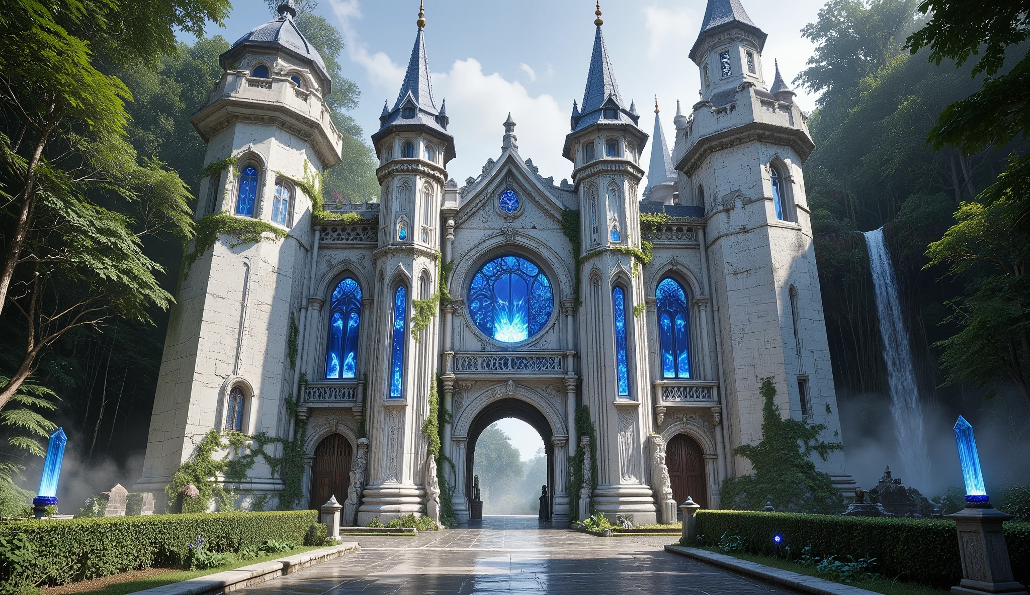 "Ultra-photorealistic cinematic scene of a majestic royal castle hidden in an ancient forest, constructed from polished white marble with sapphire inlays. The castle has tall spires, arched gates, and massive marble walls, carved with intricate details and weathered naturally over centuries. Sapphire gemstones are embedded in arches, windows, and spires, glowing vividly with bright radiant blue light, reflecting across the marble surface like living jewels. The polished marble walls shine under daylight, while the sapphires emit a strong, crystal-like glow that illuminates surrounding details. Ivy, moss, and vines partially cover the walls, blending the luxurious castle with the dense rainforest. Mist rises from nearby waterfalls and streams, catching the light beams.
Lighting setup: cool lighting, neutral color tone, natural white light, balanced lighting, white-balanced, soft daylight, studio lighting with cool tones, cold ambient light, bright illumination focused on sapphire stones, desaturated yellow tones, no yellow tint.
Atmosphere: bright, majestic, cinematic wide-angle shot, ultra-detailed realism, volumetric light rays highlighting the sapphire, 8k ultra high resolution, 16:9 ratio.