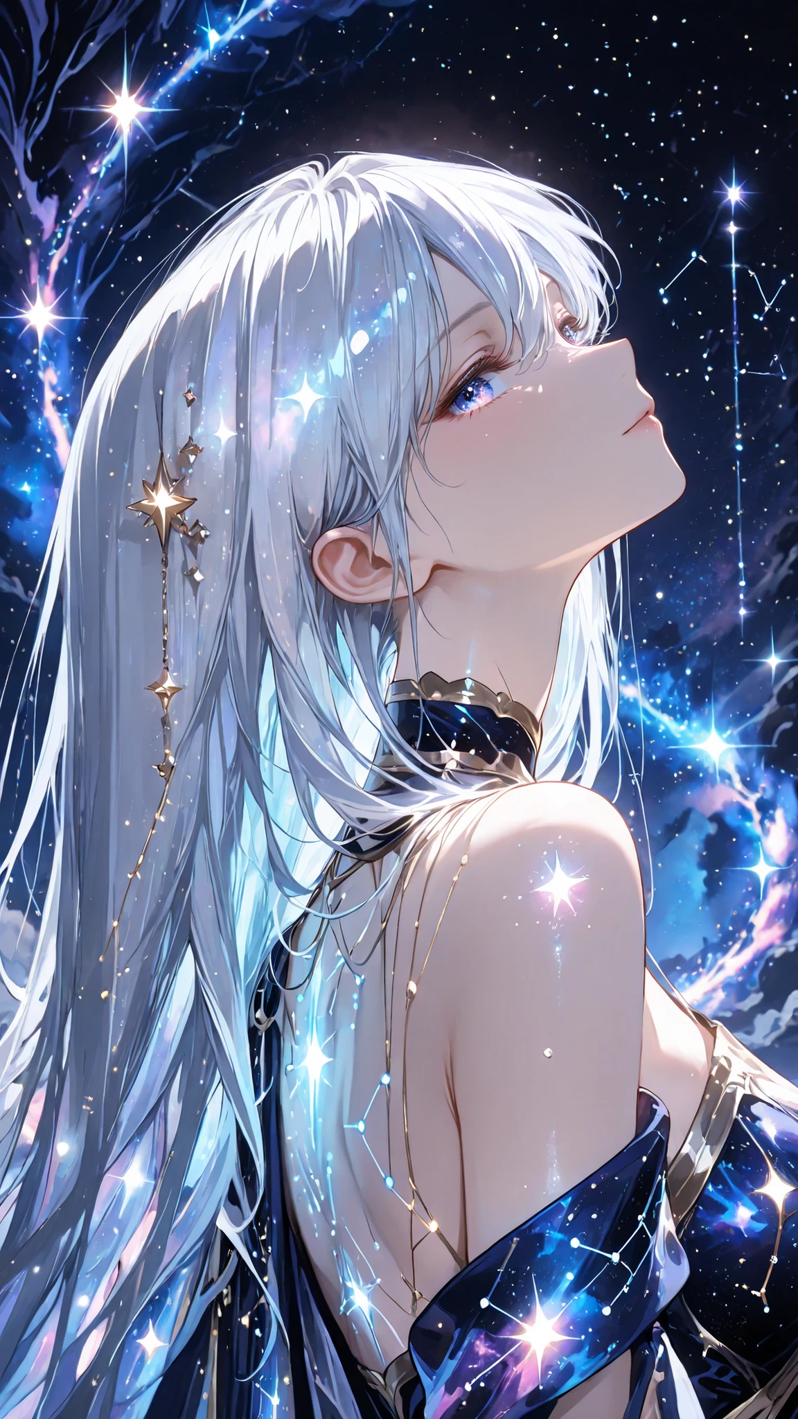 (masterpiece, Highest Quality, super detailed, HDR, 8k, cinematic lighting, upper body), (From the side:1.2、Raise your jaw、 sink)
One ethereal anime girl、is surrounded by shining constellation lines and star fragments, 
sparkling cosmic aura around her body, shimmering silver hair reflecting starlight, 
Heavenly Eyes Filled with Galaxies,  Soft and Glowing Skin , 
(delicate anime details:1.1), (Constellation Patterns Floating in the Background:1.2), 
Flowing cosmic cloth similar to the night sky, 
Graceful and dreamy pose, Gently Drifting Light Particles, 
a magical atmosphere, Galaxy Sparkle , Divine beauty