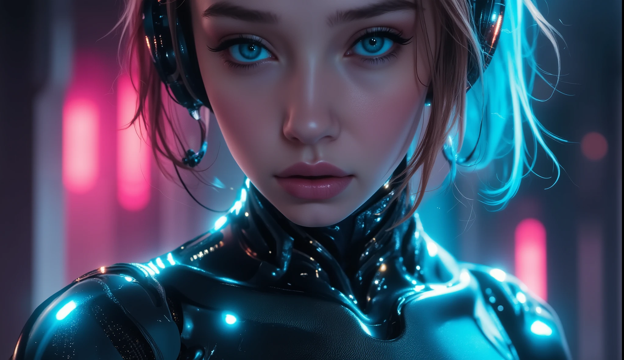 SFW,a futuristic sci-fi girl, Cyberpunk, hyper-detailed face, strikingly blue eyes, shiny synthetic skin, complicated robotic anatomy, glowing neon implants, complex machinery, dramatic lighting, Neon-Stadtkulisse, 8K, fotorealistisch, cinematographic composition