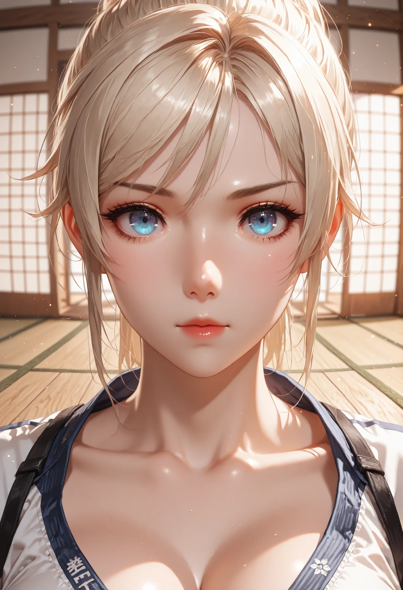 lidia sobieska, lidia sobieska \(tekken\), high definition eyes, detailed eyes, high gradient eyes, eyesHD. 1 girl, solo, detailed portrait, beautiful face, blue eyes, blonde hair, anatomically accurate ratio, large breasts, (best quality, 4k, 8k, high resolution, masterpiece: 1.2), ultra-detailed, the girl looks into the viewer, beautiful detailed lips, detailed face, complex details, warm lighting, soft colors, delicate skin, detailed background. The girl penetrating gaze is filled with determination. A Japanese dojo with wooden floors, tatami mats, and demonic Japanese statues in the corners. Masterpiece, best quality, vibrant, very aesthetic, high contrast, semrealistic, newest, Perfect shadows, correct lighting.