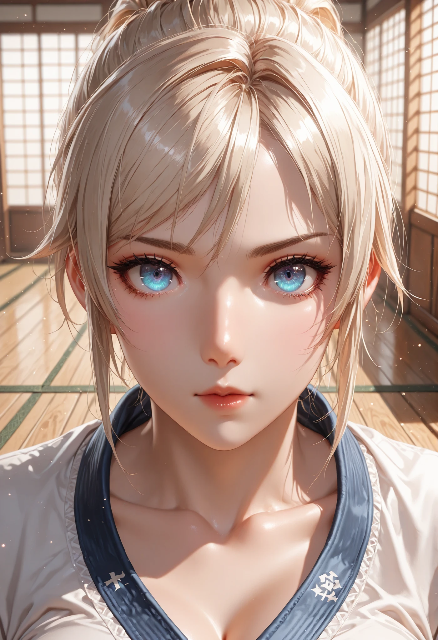 lidia sobieska, lidia sobieska \(tekken\), high definition eyes, detailed eyes, high gradient eyes, eyesHD. 1 girl, solo, detailed portrait, beautiful face, blue eyes, blonde hair, anatomically accurate ratio, large breasts, (best quality, 4k, 8k, high resolution, masterpiece: 1.2), ultra-detailed, the girl looks into the viewer, beautiful detailed lips, detailed face, complex details, warm lighting, soft colors, delicate skin, detailed background. The girl penetrating gaze is filled with determination. A Japanese dojo with wooden floors, tatami mats, and demonic Japanese statues in the corners. Masterpiece, best quality, vibrant, very aesthetic, high contrast, semrealistic, newest, Perfect shadows, correct lighting.