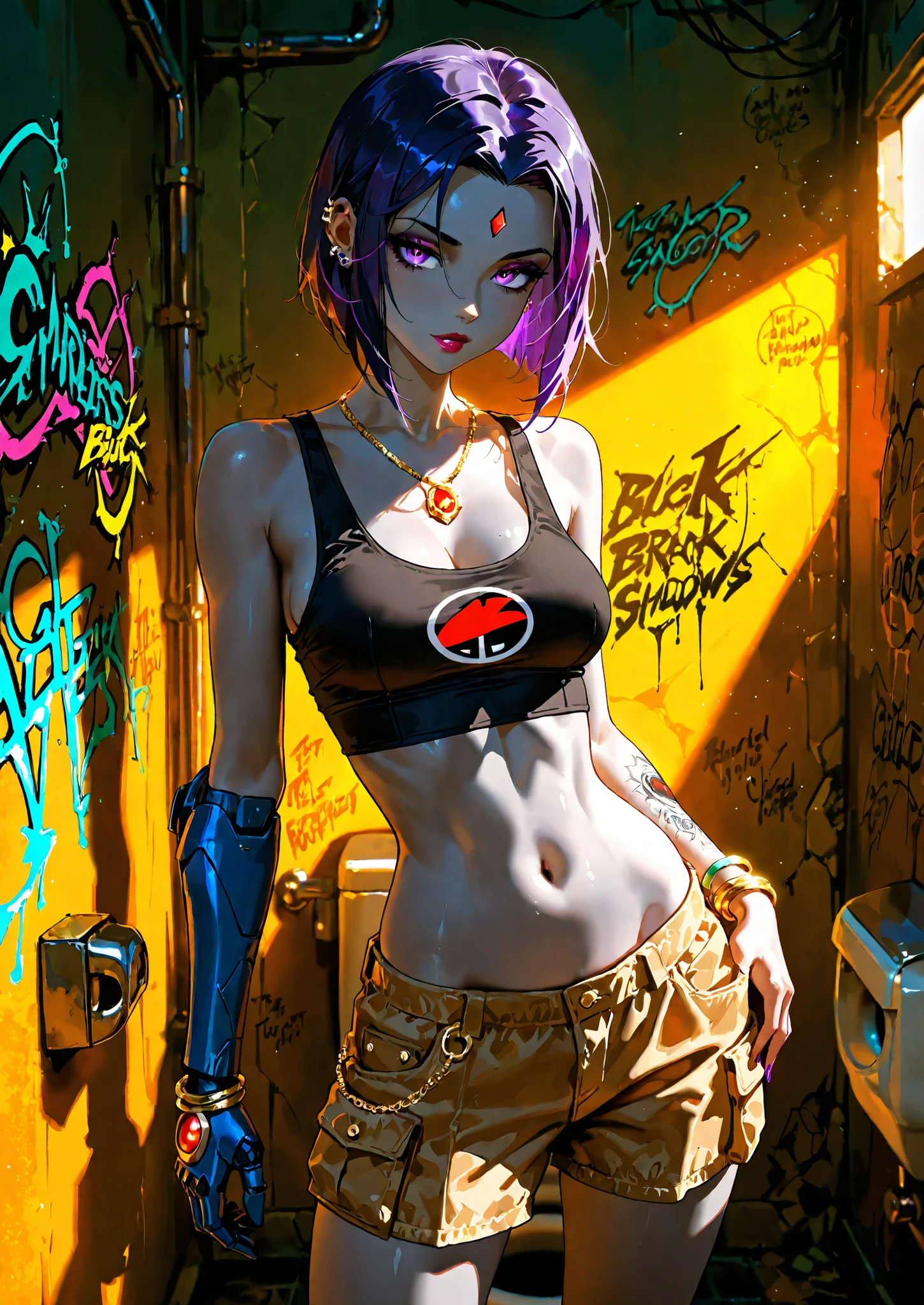 1girl, solo, raven \(dc\), dc comics, grey skin, gyaru cosplay, lipstick, bracelets, necklace, piercings, cargo shorts, tanktop, cebernetic arm, naturally sagging medium breasts, standing by a wall, public toilet, cyberpunk theme, graffiti and messy walls, seductive, sexy pose, alluring atmosphere, cinematic lighting and shadows, beautiful lighting and shadows, BREAK, masterpiece,top quality,warm color,high resolution,high fashion,absurdres extremely,vivid colors,intricate details,best quality,amazing quality,very aesthetic,newest,ultra-detailed,nsfw,