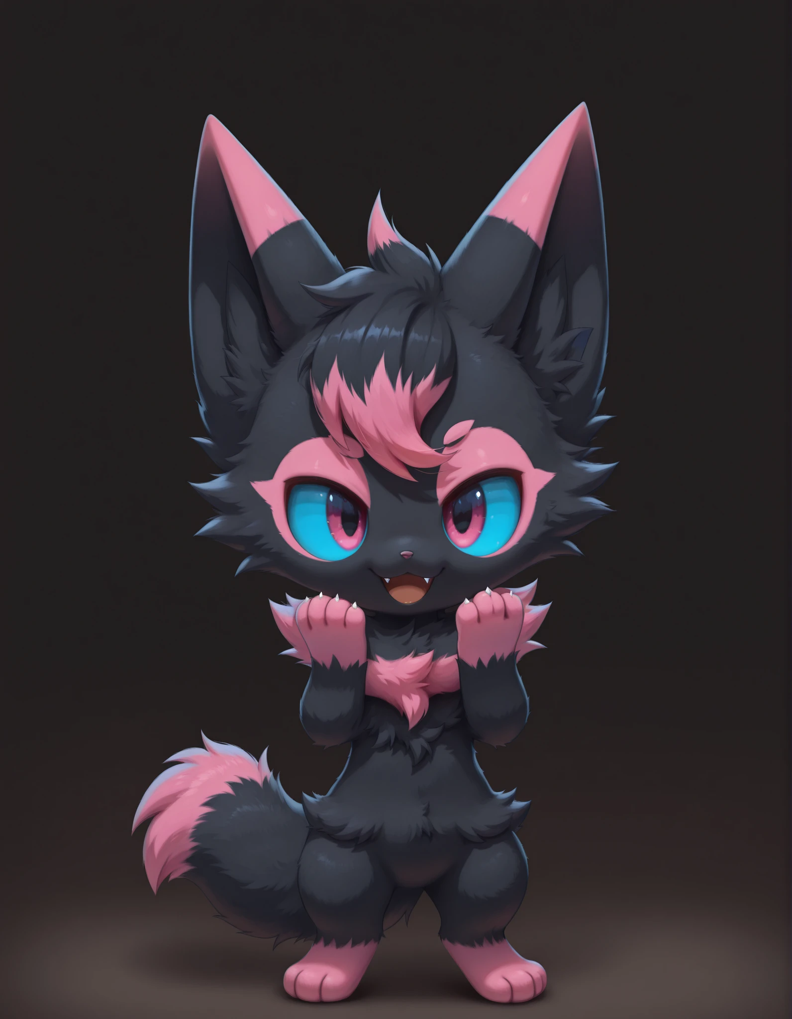 Noxmauve, slvrfxstyleil,, silverfox5213, (solo:1.3),
digital_media_(artwork), digital_painting_(artwork), full-length_portrait, painting_(artwork), portrait, shaded, soft_shading,, smile, open_mouth, pink_eyes, simple_background, black_hair, standing, full_body, pink_hair, multicolored_hair, fang, hands_up, pokemon_\(creature\), black_background, black_fur, blue_sclera, highlights_(coloring), gradient_hair,,